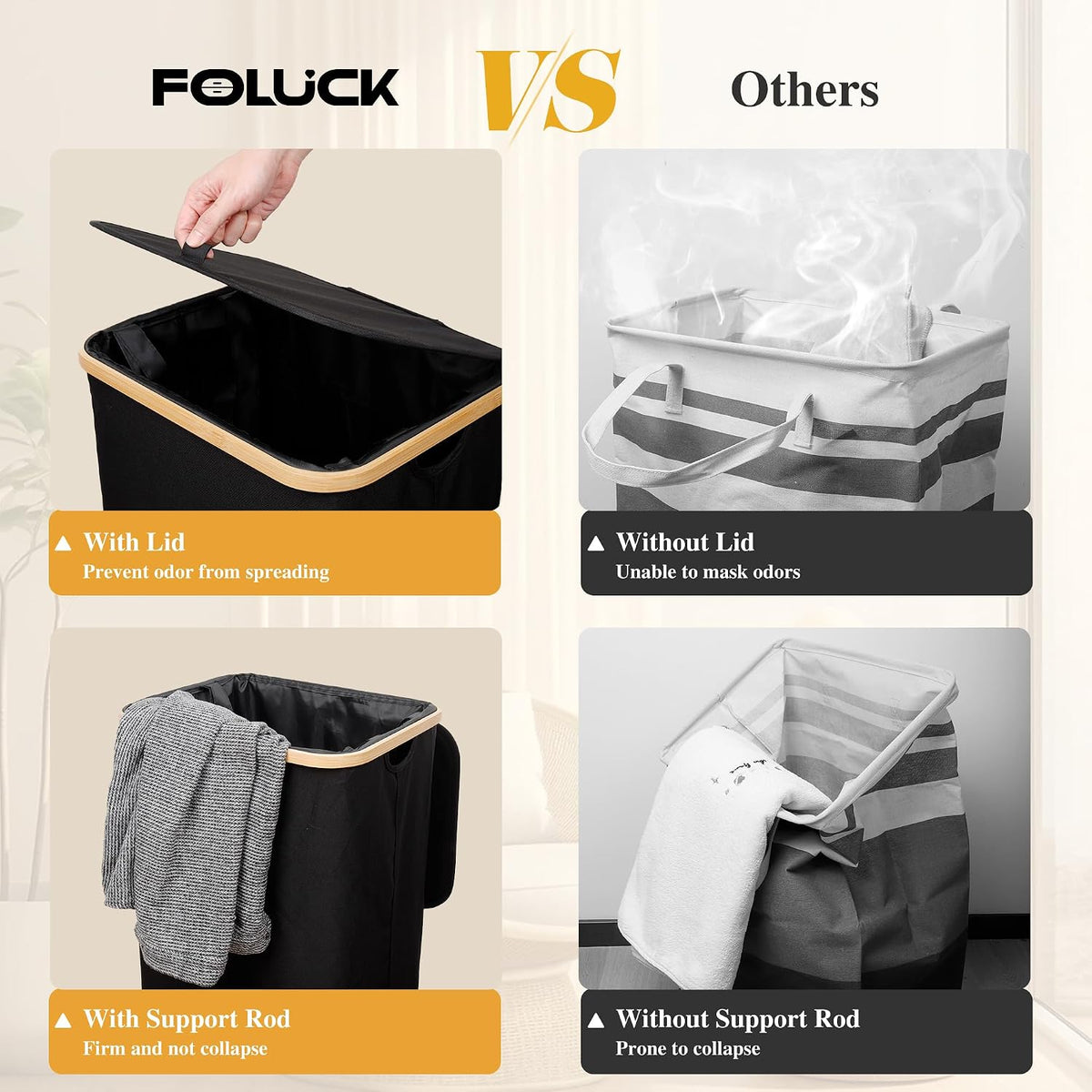 Foluck 100L Laundry Hamper with Lid Removable Bag and Bamboo Handles