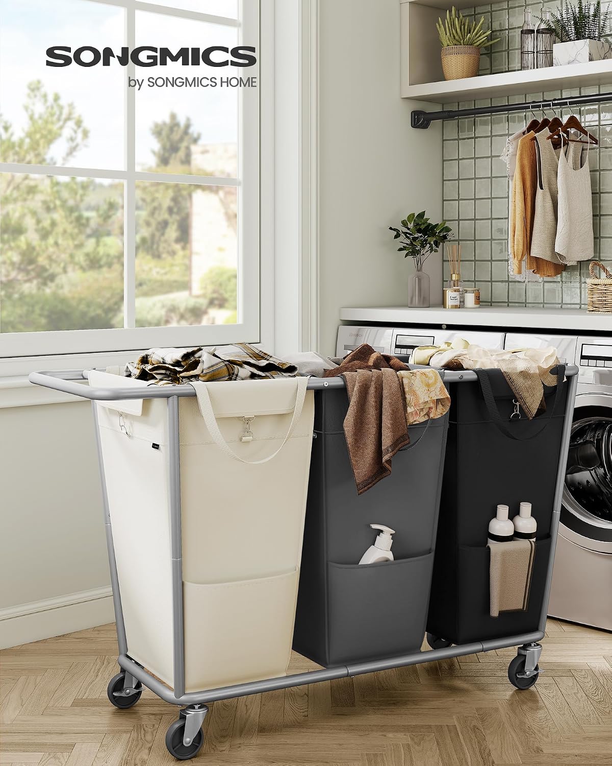 SONGMICS 3-Section Laundry Basket with Wheels, 76.6 Gallons (290 L) Hamper