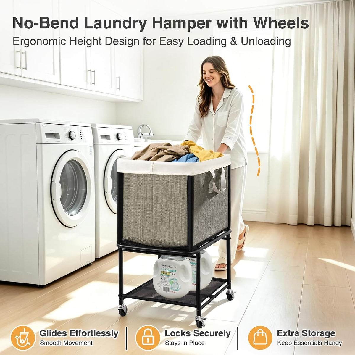 STO STO Rolling Laundry Hamper with Lockable Wheels, 29-Gallon (110L) Laundry Cart with Removable Canvas Bag, 2-Tier Clothes Basket Hamper with Shelf for Closet, Bedroom, Bathroom, Laundry Room, Beige