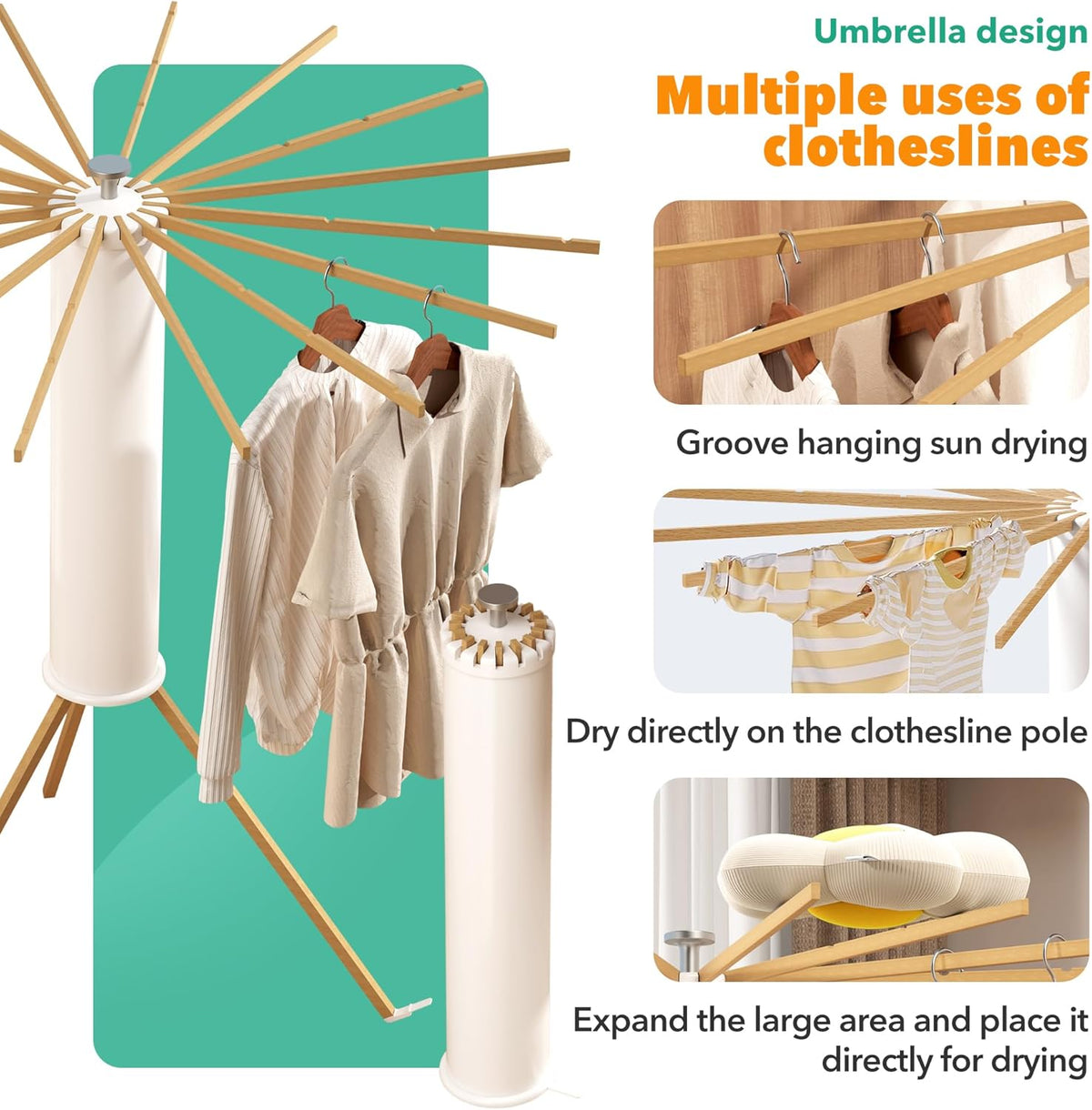 Heavy-Duty Wooden Tripod Clothes Drying Rack, 16 Rods, Large Capacity, 360° Airflow Umbrella Dryer, Foldable Space-Saving Floor Stand for Indoor Outdoor Use