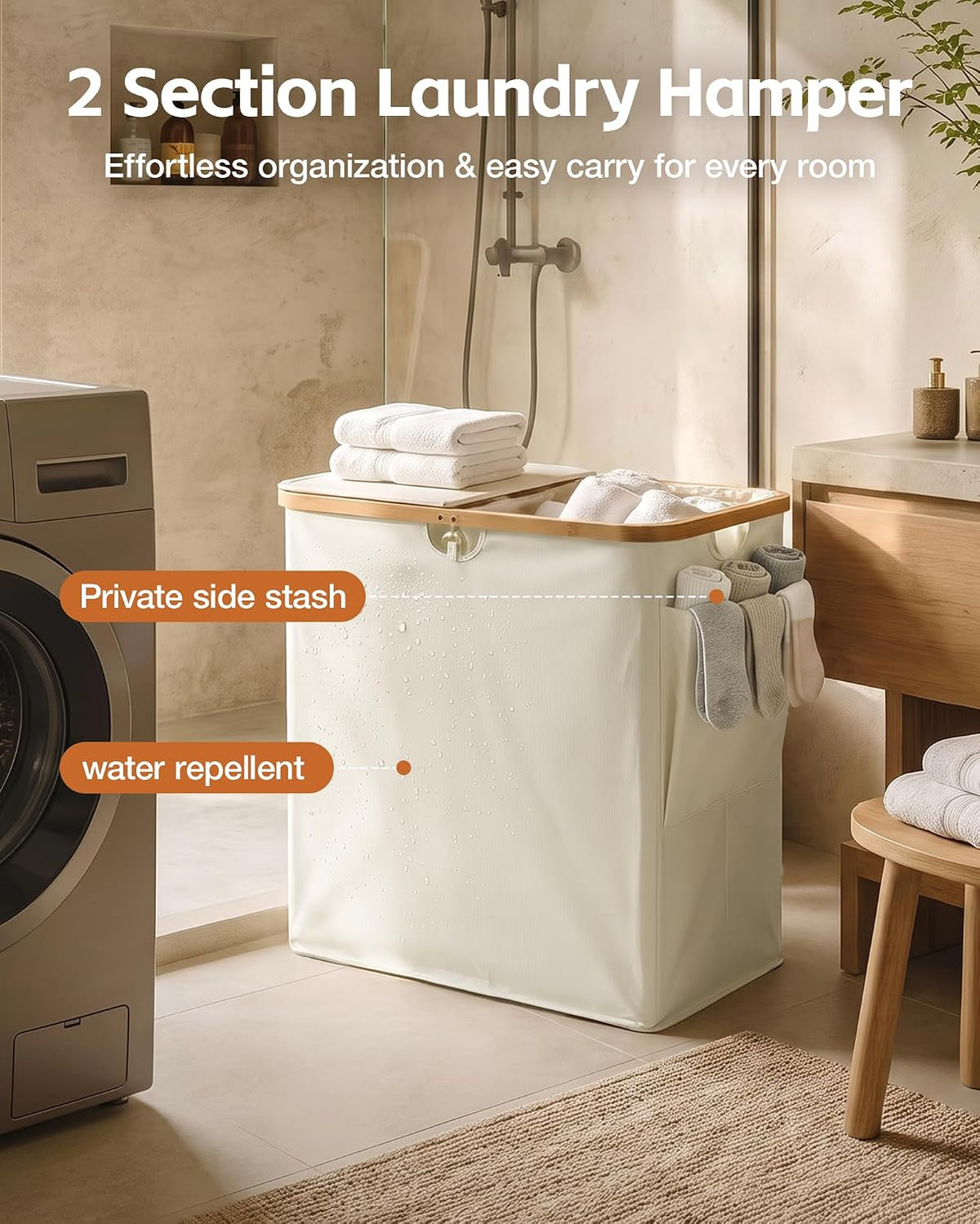 MIZATTO 140L Laundry Hamper with Lid, 2 Section Dirty Laundry Bin