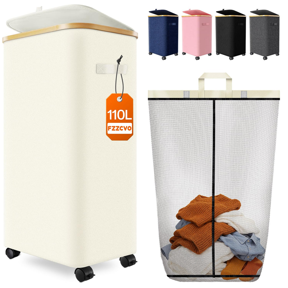 Laundry Hamper with Wheels, 75L Rolling Laundry Basket, Removable Inner Bag