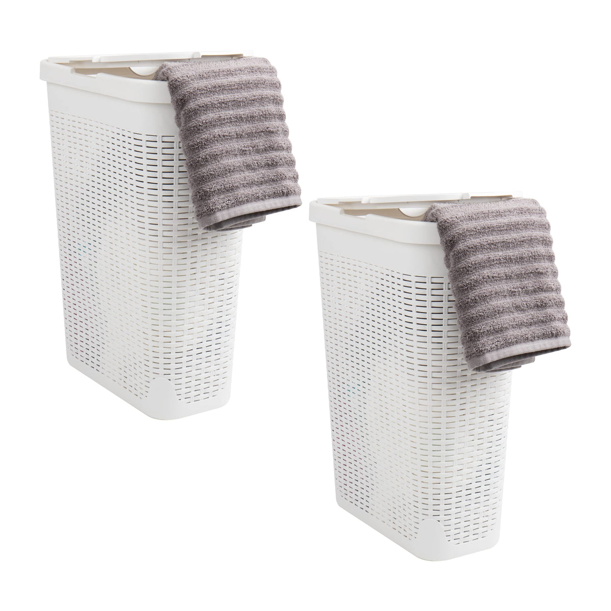 Mind Reader Slim Laundry Hamper with Lid, 40L Clothes Basket, Narrow Tapered Design with Ventilated Cutout Pattern, Plastic, White