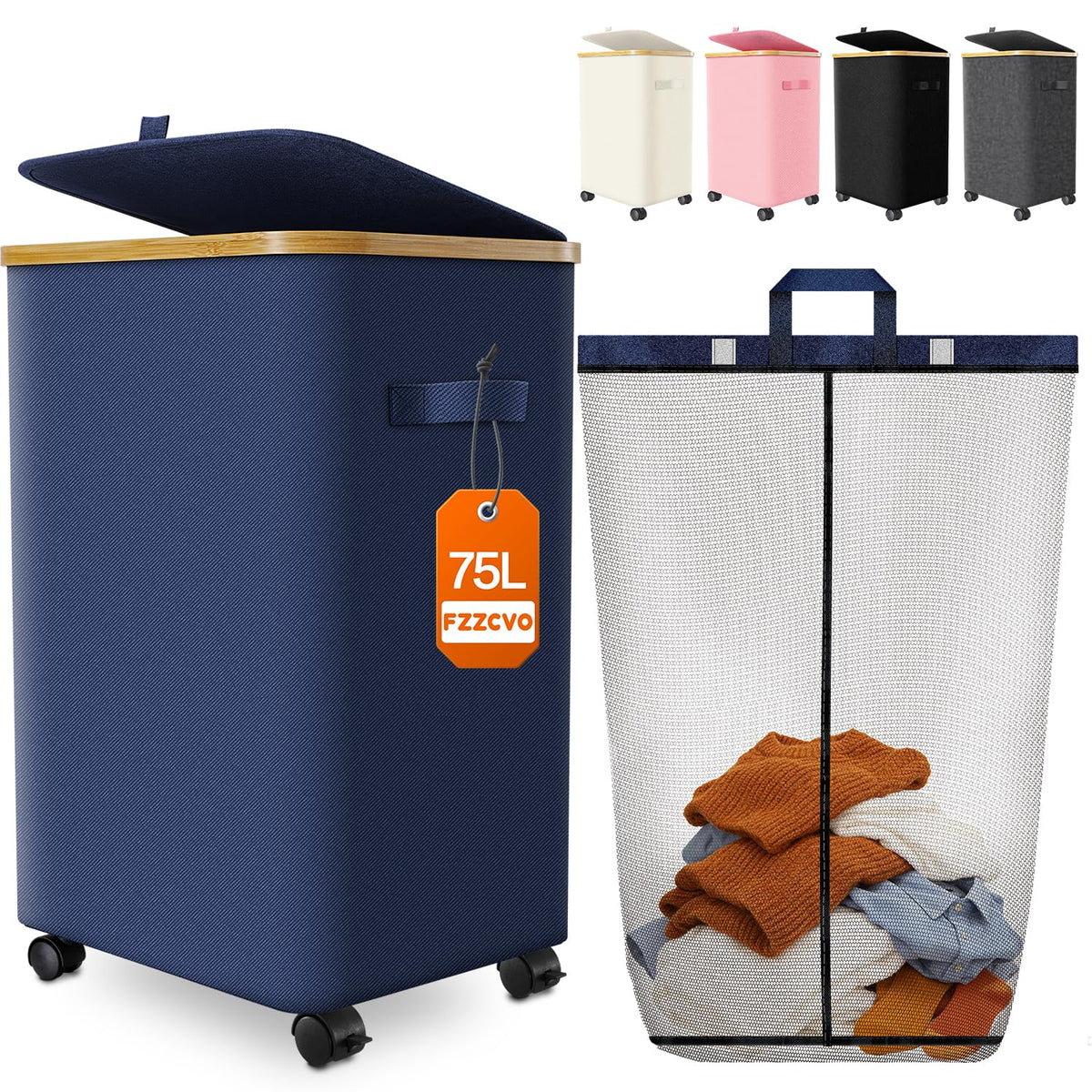 Laundry Hamper with Wheels, 75L Rolling Laundry Basket, Removable Inner Bag