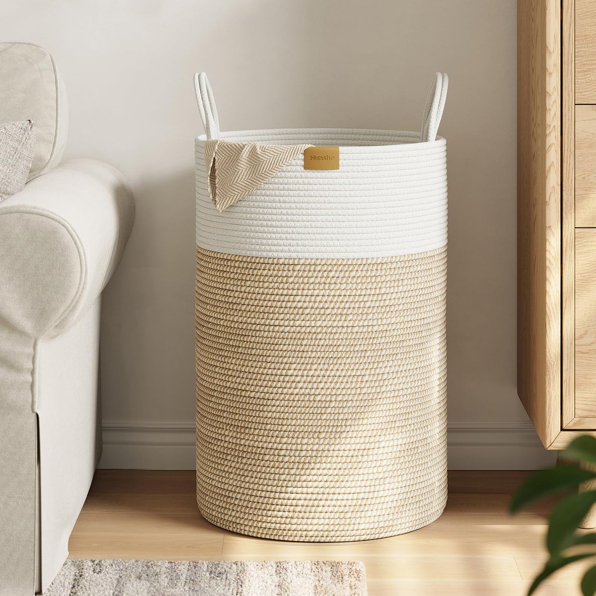 Nunsino Tall Laundry Basket Hamper 95L,Cotton Rope Storage Hamper with Reinforced Handles,Decorative Blanket & Toy Basket for Living Room, Bedroom, Nursery, Dark Brown