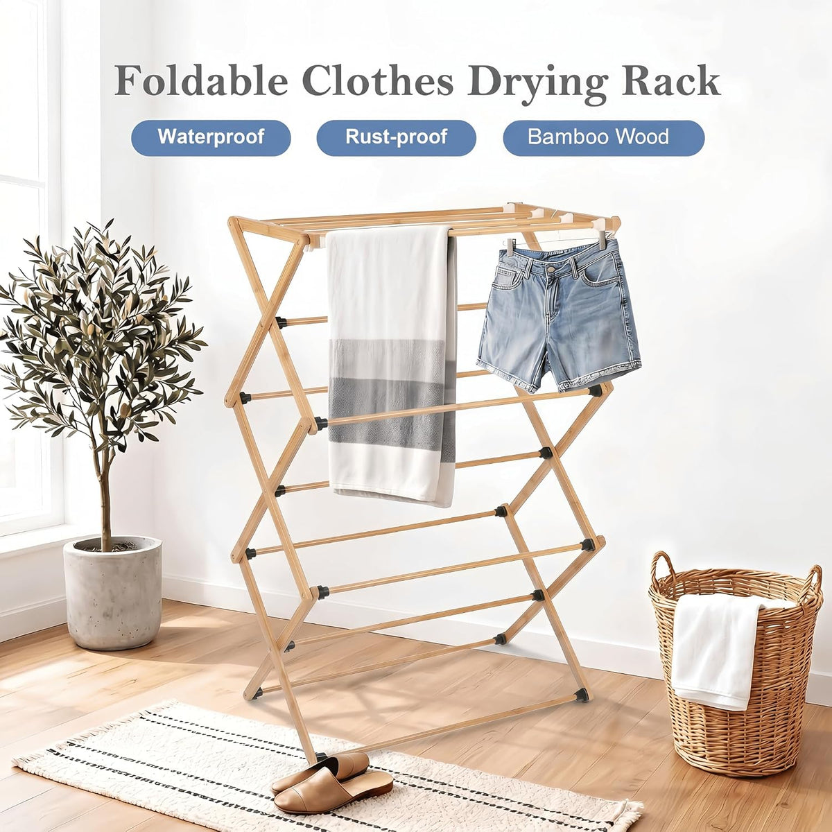 FJO Foldable Bamboo Clothes Drying Rack, 3-Tier Collapsible Laundry Clothes Hanger, Portable Wooden Drying Rack, Space Saving Indoor Outdoor, 28'' D x 15'' W x 39.3'' H, Beige
