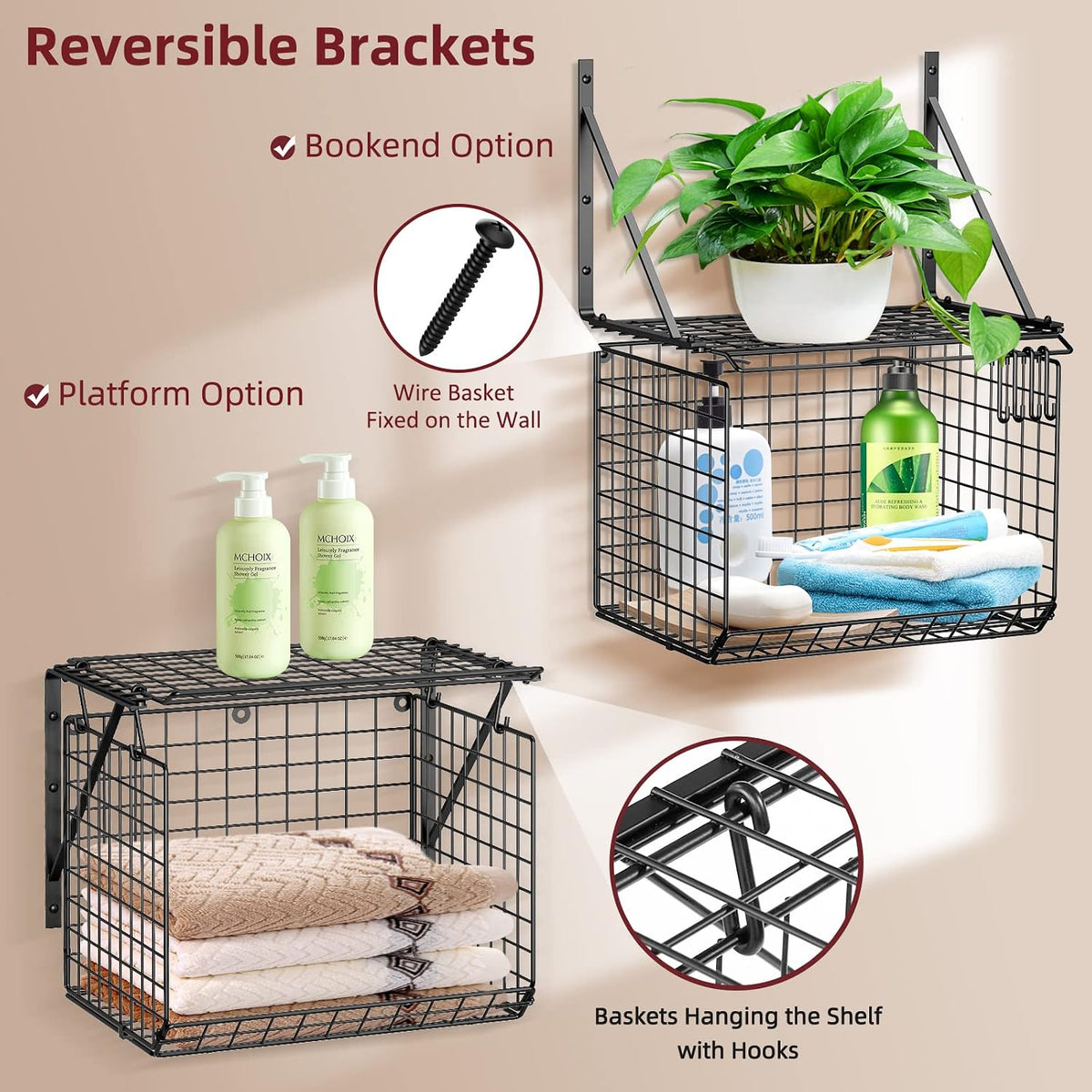 3IngSeagulls 2 Pack Laundry Room Shelves, Wire Baskets with 8 Hooks, Over Washer and Dryer Shelf, Wall Mounted Storage and Clothes Drying Rack, Black