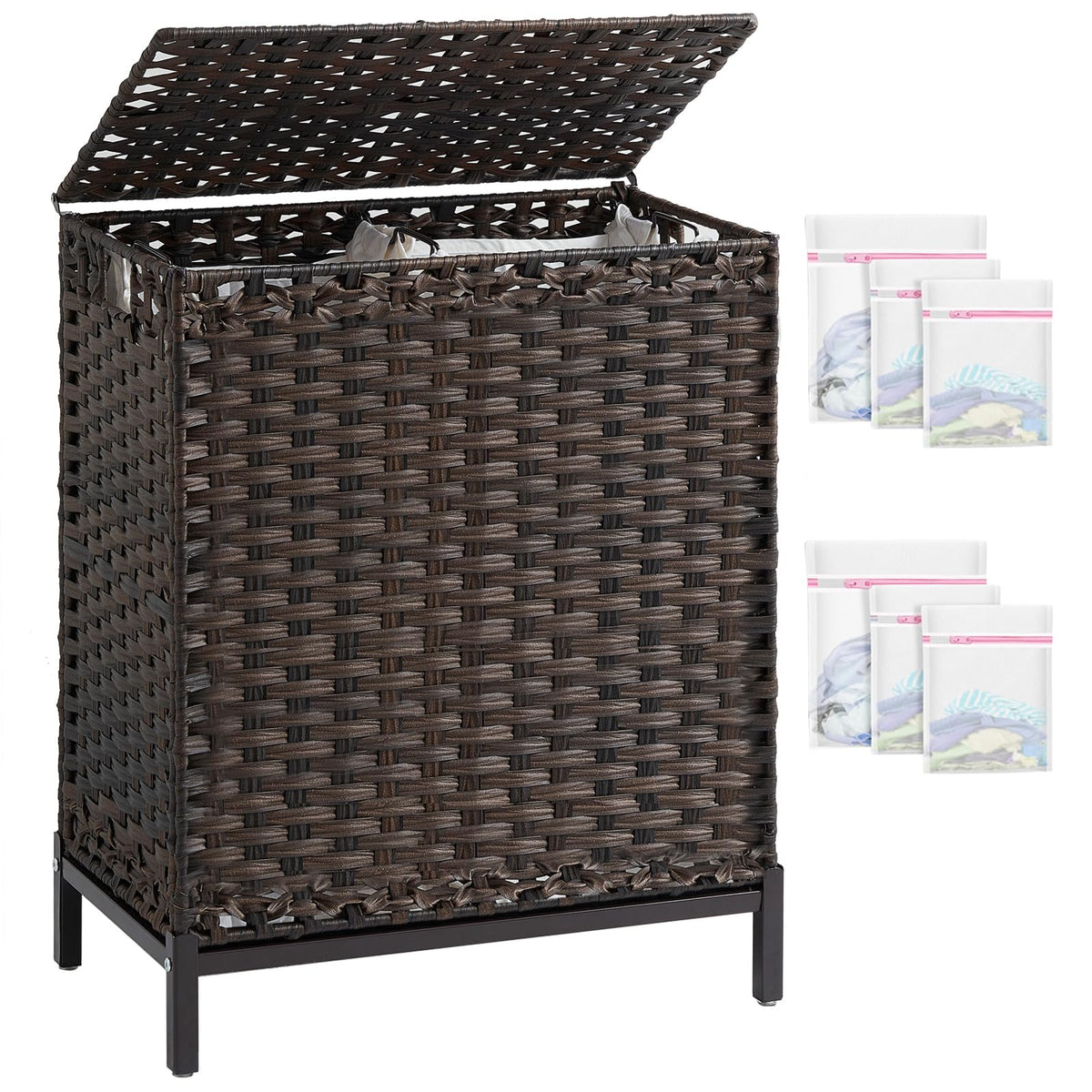 SETVSON Laundry Hamper with Lid, 112 L Handwoven Rattan Wicker Laundry Basket, 2 Removable Liner Bags Metal Heightened Feet, 6 Mesh Bags, 2 Section Large Clothes Hamper for Bathroom Bedroom, Natural