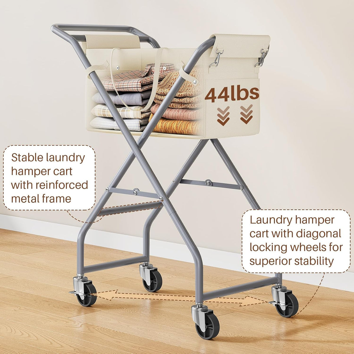 No-Bend Laundry Cart Rolling Hamper with Locking Wheels & Handle, Foldable Basket Screw-Free Assembly, Durable Metal Frame & Removable Liner Bag for Bedroom & Bathroom (Beige)