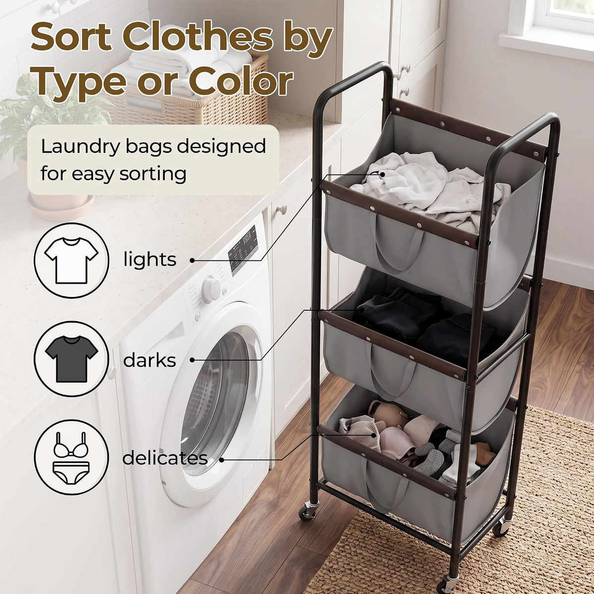 GRANNY SAYS 3 Tiered Laundry Sorter, Narrow Hamper Cart with Wheels