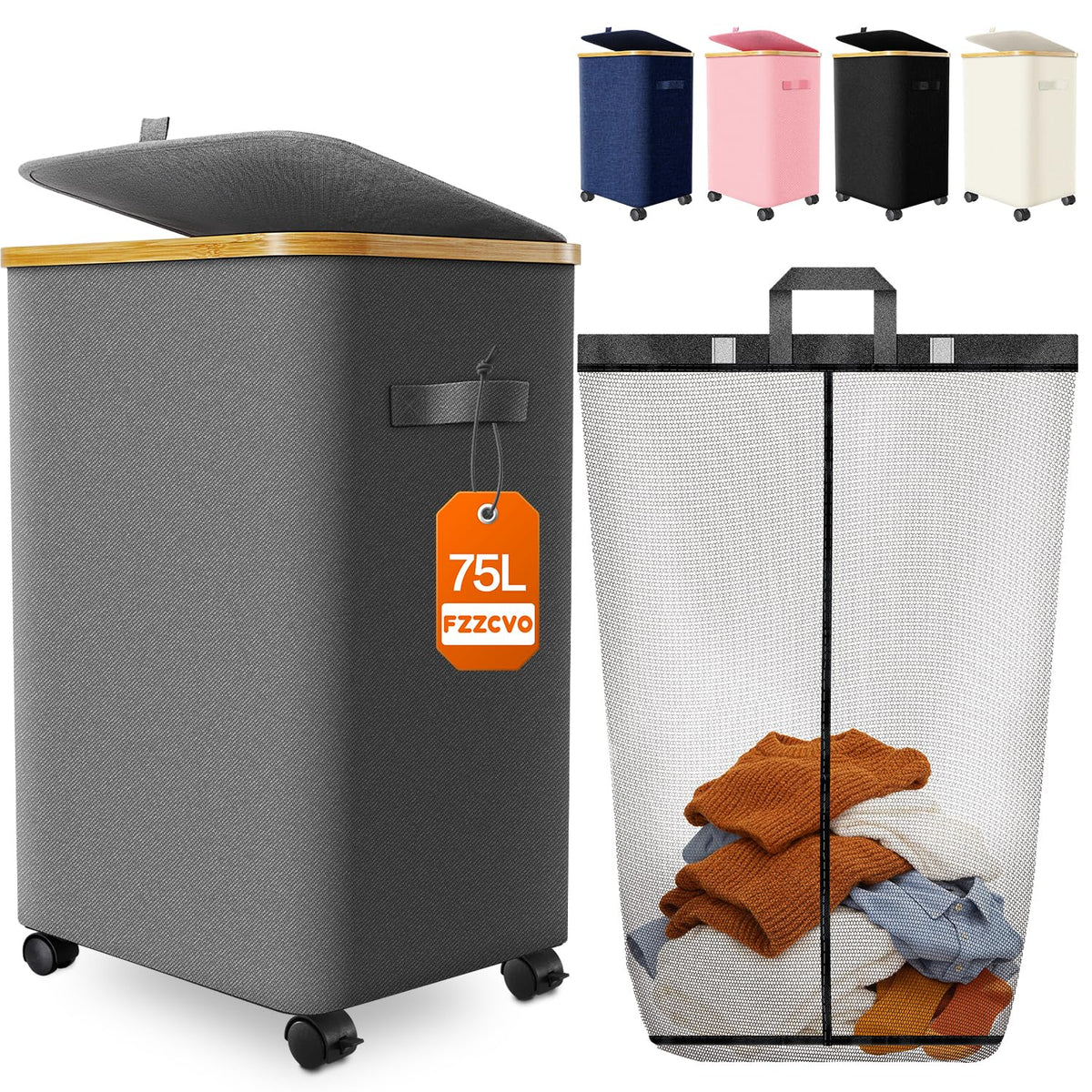 Laundry Hamper with Wheels, 75L Rolling Laundry Basket, Removable Inner Bag