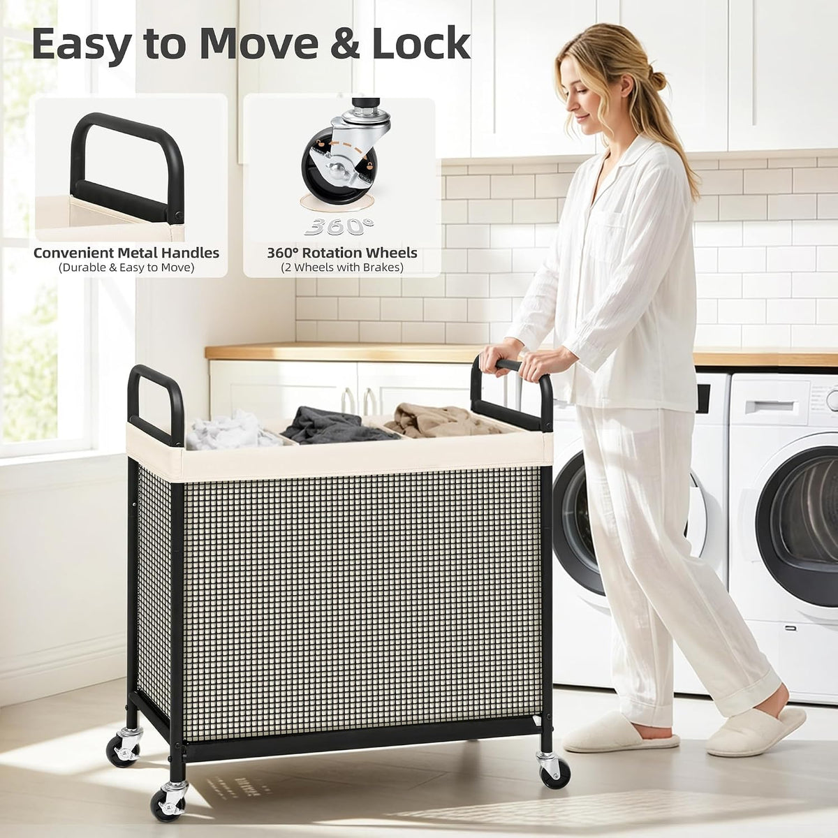 STORAGE MANIAC Rolling Laundry Hamper with Wheels 3-Section Laundry Sorter Rolling Laundrys Basket on Wheels with Removable Bag Clothes Hamper Laundrys Organizer Cart Bathroom Bedroom 120L Beige