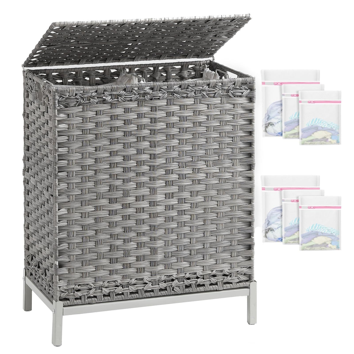 SETVSON Laundry Hamper with Lid, 112 L Handwoven Rattan Wicker Laundry Basket, 2 Removable Liner Bags Metal Heightened Feet, 6 Mesh Bags, 2 Section Large Clothes Hamper for Bathroom Bedroom, Natural