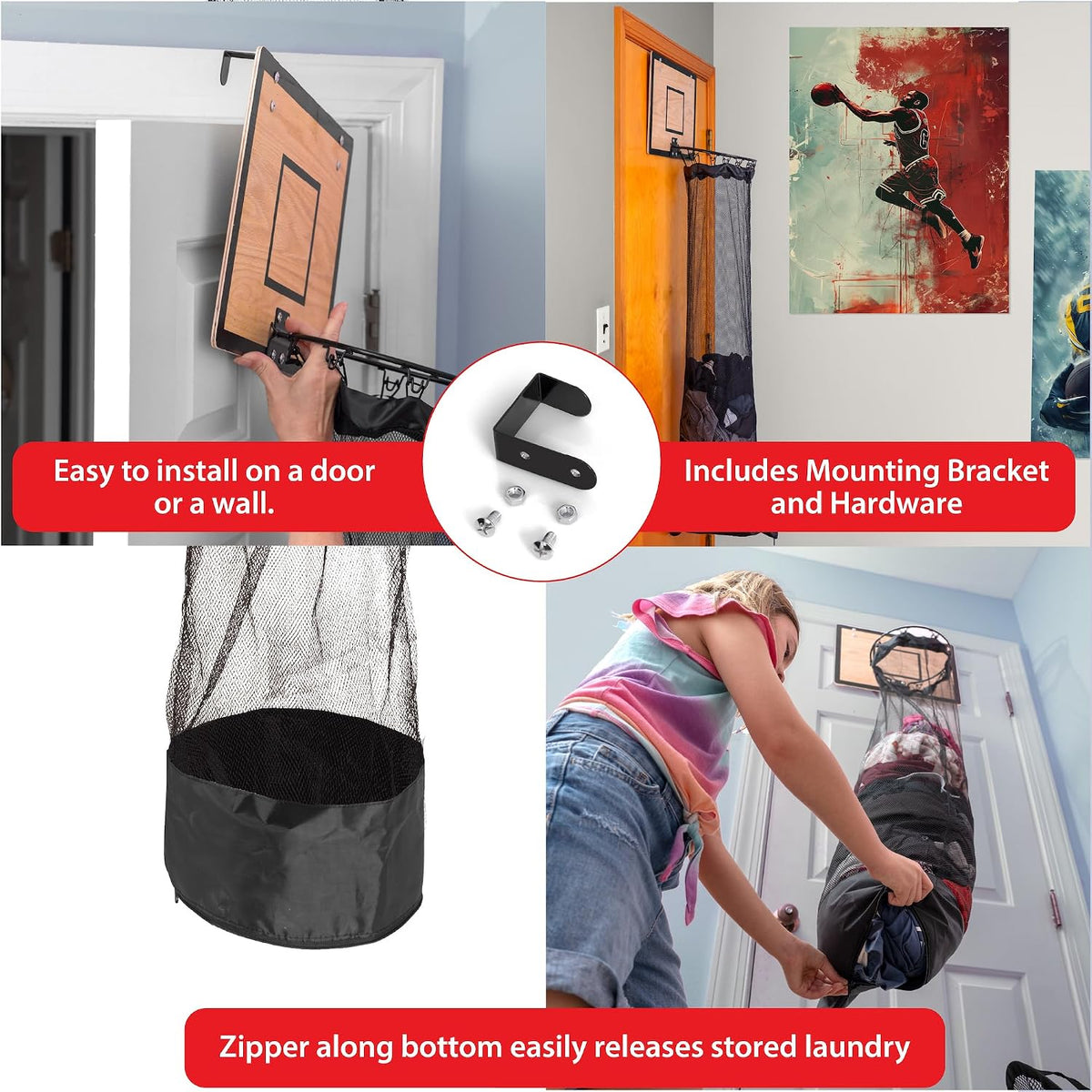 Wooden Basketball Hamper - Hoop Laundry Basket Over the Door - Room Decor