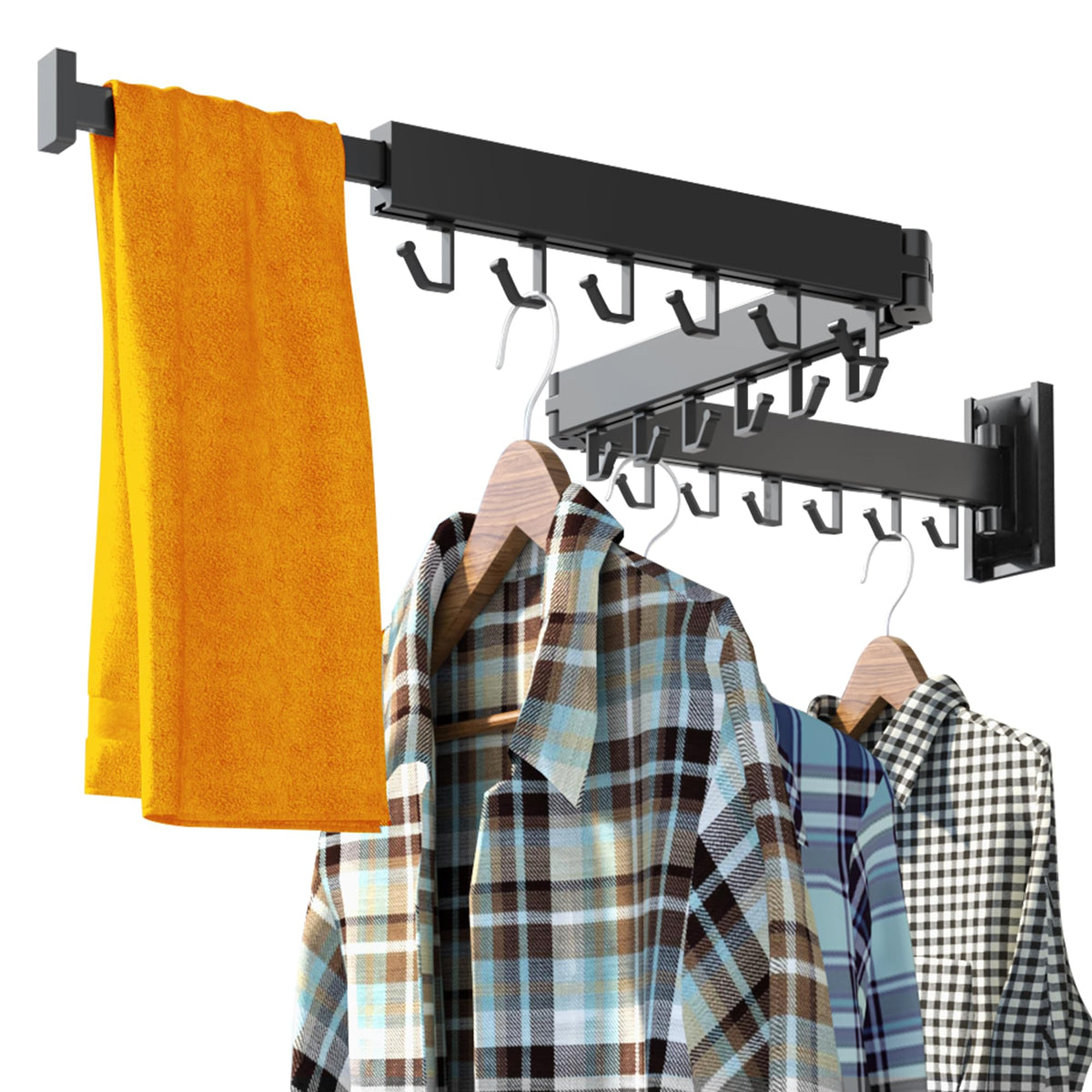 HEILAIYI Clothes Drying Rack for Laundry,Wall Mounted Clothes Hanger Rack,Folding,Retractable,Collapsible(J Shape Hooks)