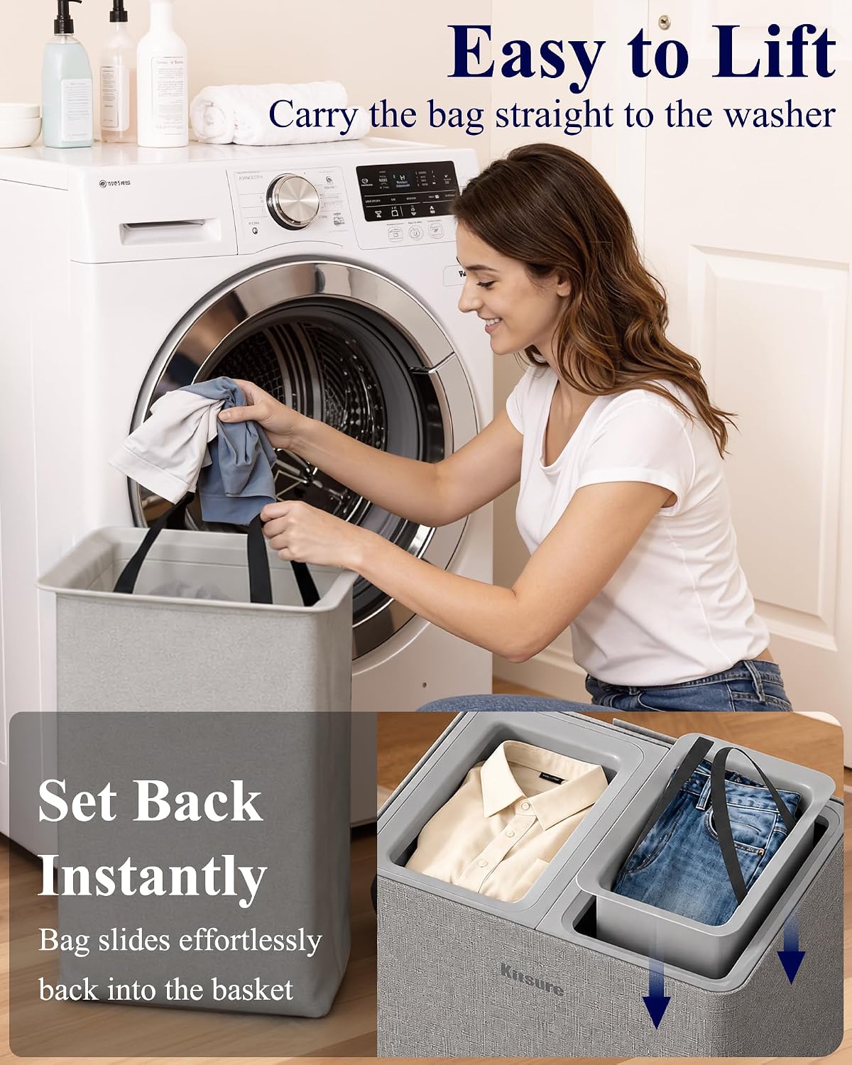 Kitsure Laundry Hamper with Lid 160L, 2-Compartment Sorter, Removable Bags