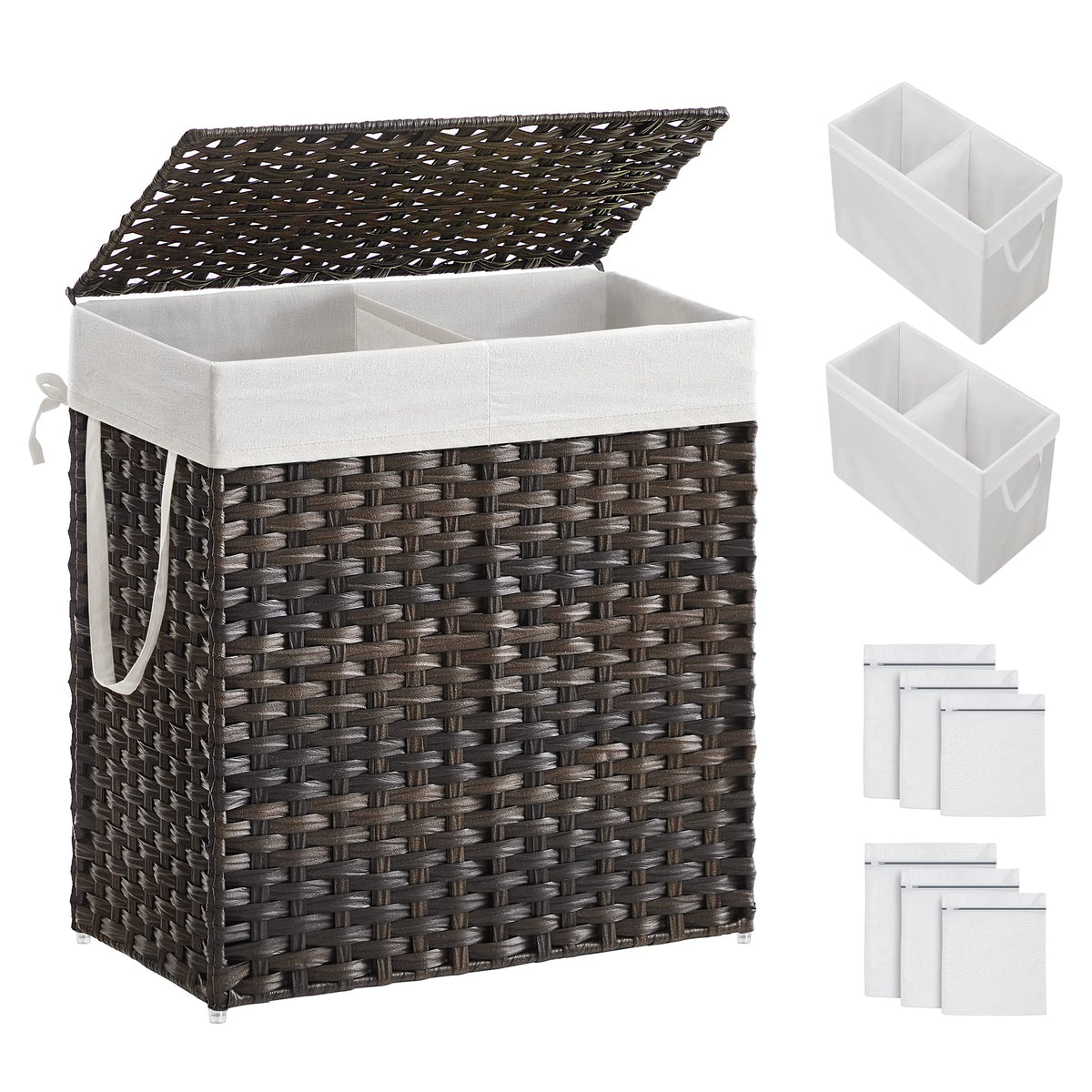 SONGMICS Laundry Hamper with Lid, 130L Double Wicker Basket, 6 Mesh Bags