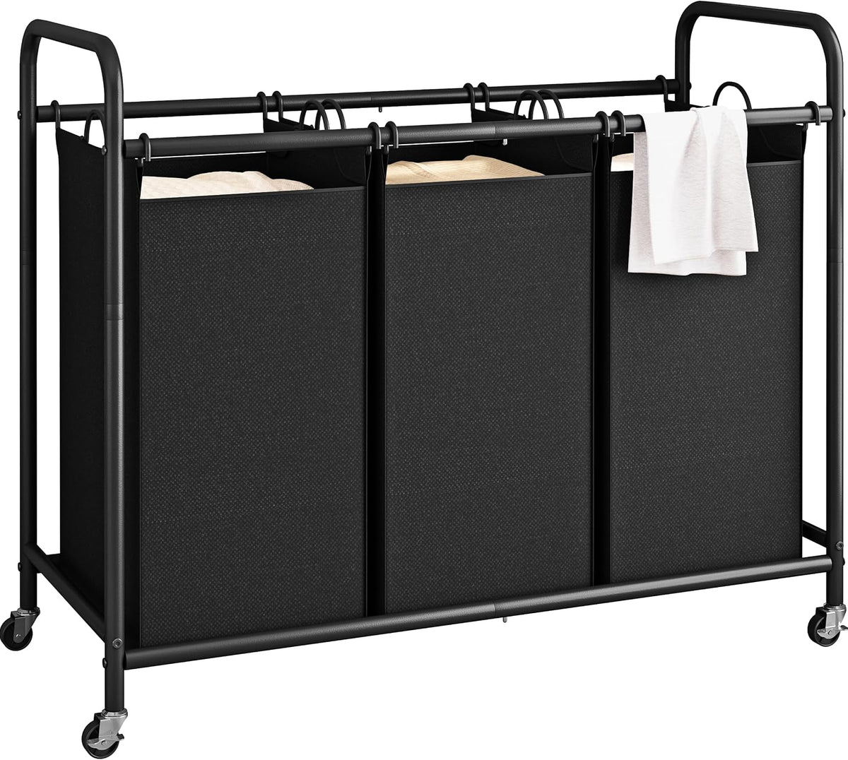LINZINAR 3 Section Laundry Hamper, Black Laundry Basket 135L Laundry Sorter
