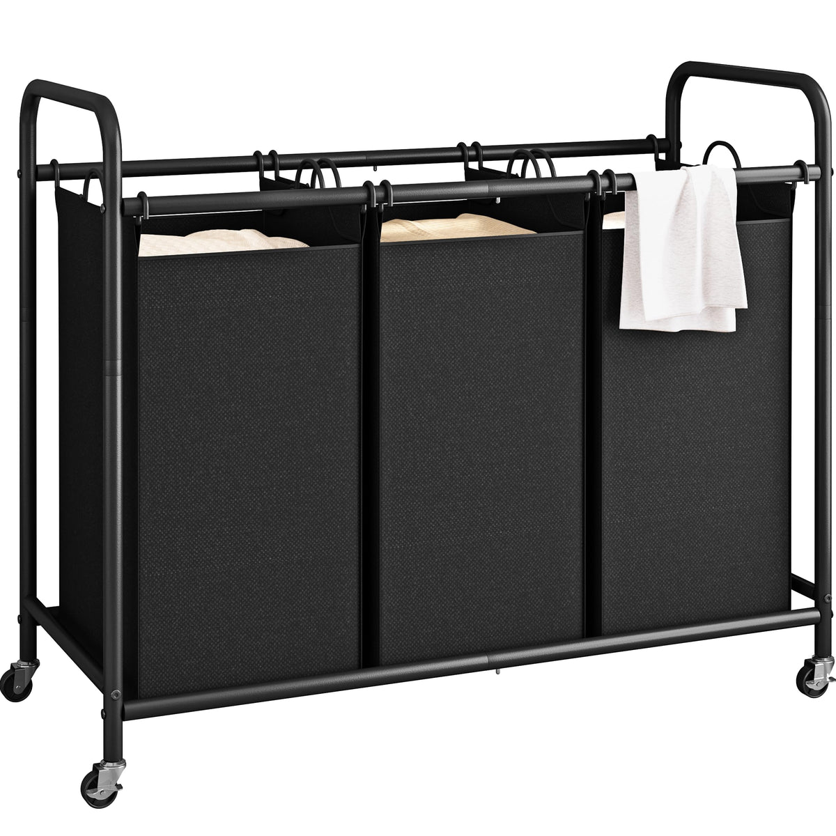 LINZINAR 3 Section Laundry Hamper, Black Laundry Basket 135L Laundry Sorter