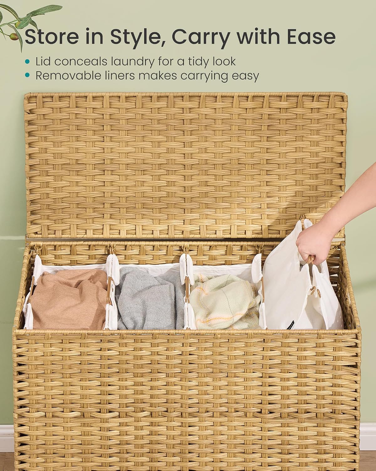 SONGMICS 4-SectionLaundry Hamper With Lid, PE Rattan, 55.5 Gallons (210 L)