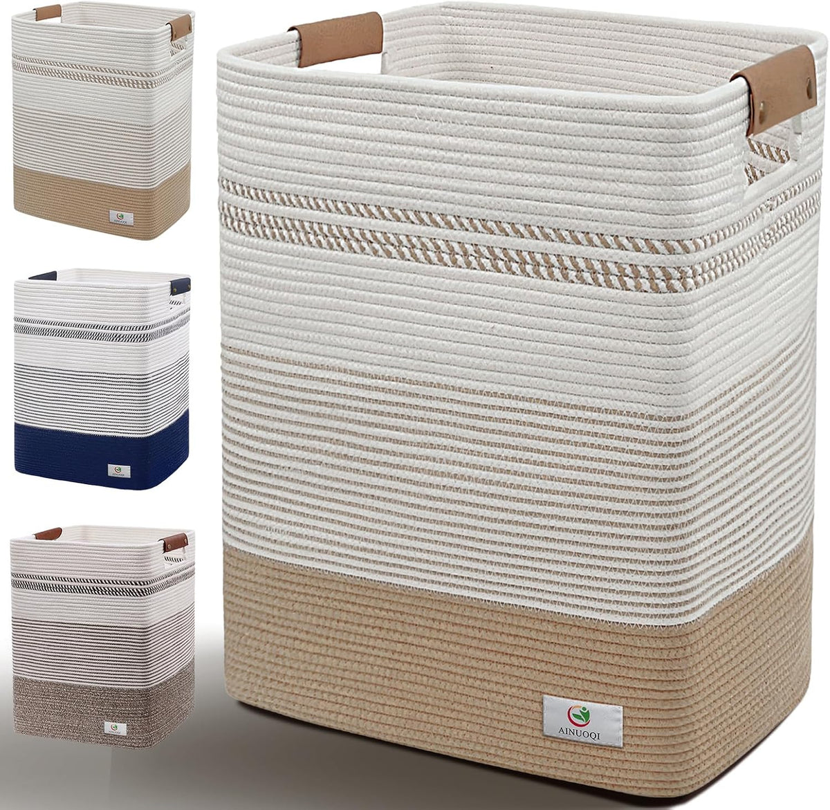 Large Laundry Hamper Basket, 85L Cotton Rope Woven Storage Bin for Blankets, Dirty Clothes Toys, Decorative Tall Basket with Leather Handles for Living Room, Bedroom, Bathroom, Nursery, Jute