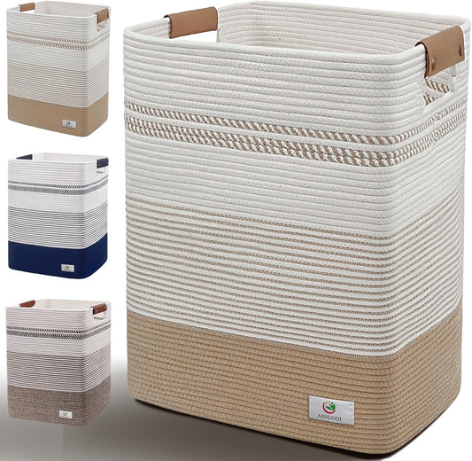 Large Laundry Hamper Basket, 85L Cotton Rope Woven Storage Bin for Blankets, Dirty Clothes Toys, Decorative Tall Basket with Leather Handles for Living Room, Bedroom, Bathroom, Nursery, Jute