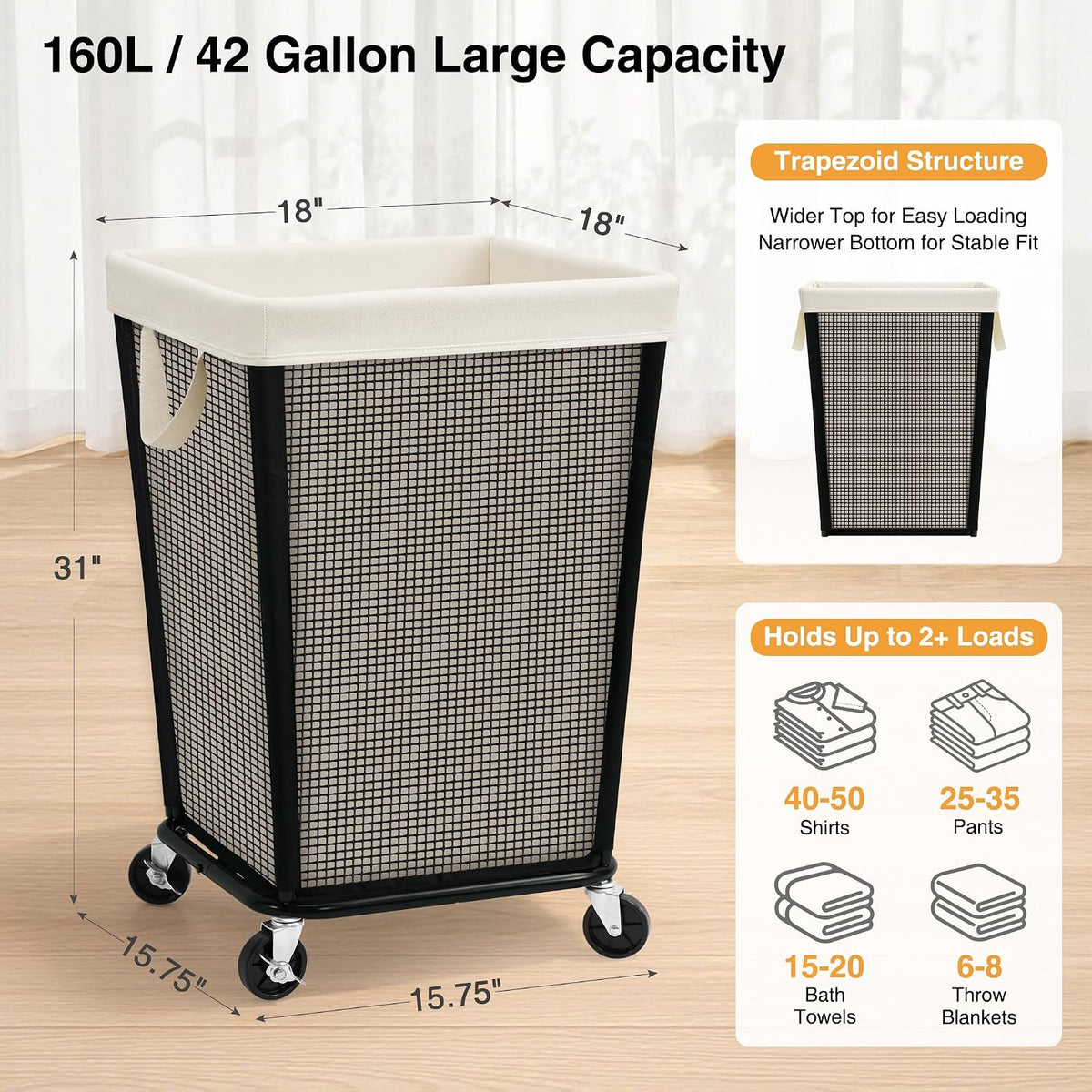 STO STO 160L Rolling Laundry Hamper with Wheels, Laundry Basket, Beige