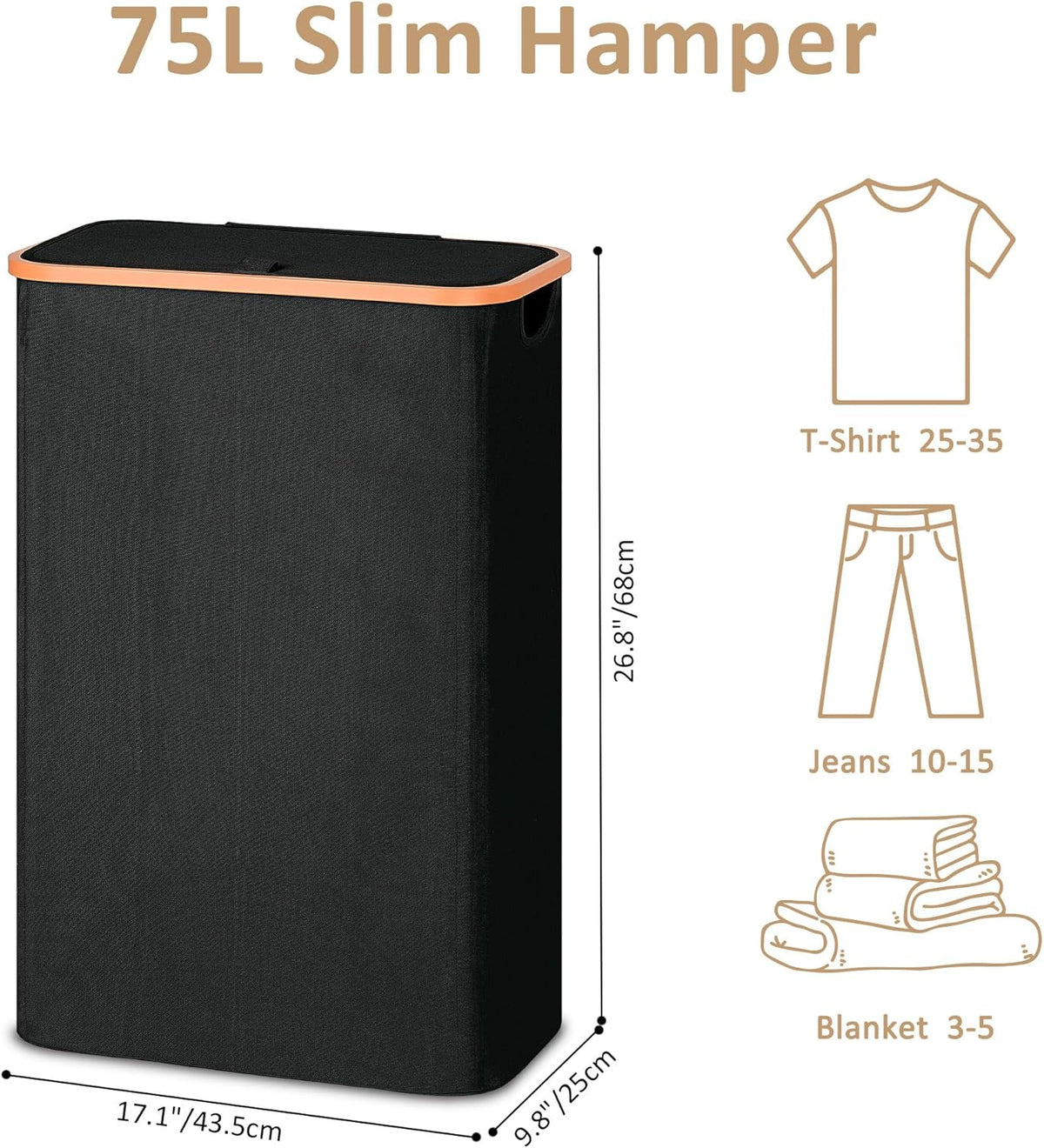 Vincona Slim Laundry Basket with Lid, Narrow Dirty Clothes Hampers for Laundry with Handle, Skinny Laundry Bin for Laundry Room, Dorm, Bedroom and Bathroom, 19.8 Gallon (75L) Black
