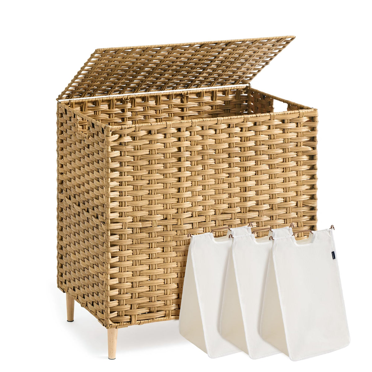 SONGMICS 4-SectionLaundry Hamper With Lid, PE Rattan, 55.5 Gallons (210 L)