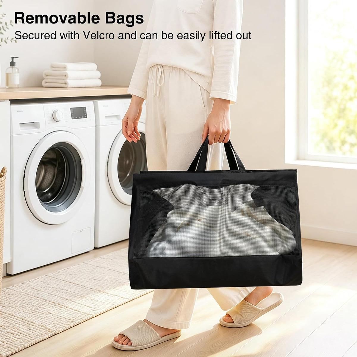 STO STO 3-Tier Vertical Rolling Laundry Hamper, Removable Bags, Black Mesh