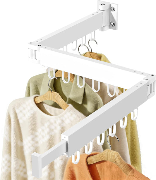 JAUREE Clothes Drying Rack Wall Mounted, Space-Saving Drying Rack Clothing, Collapsible Foldable Retractable Laundry Rack with 18 Hooks, Indoor/Outdoor, White