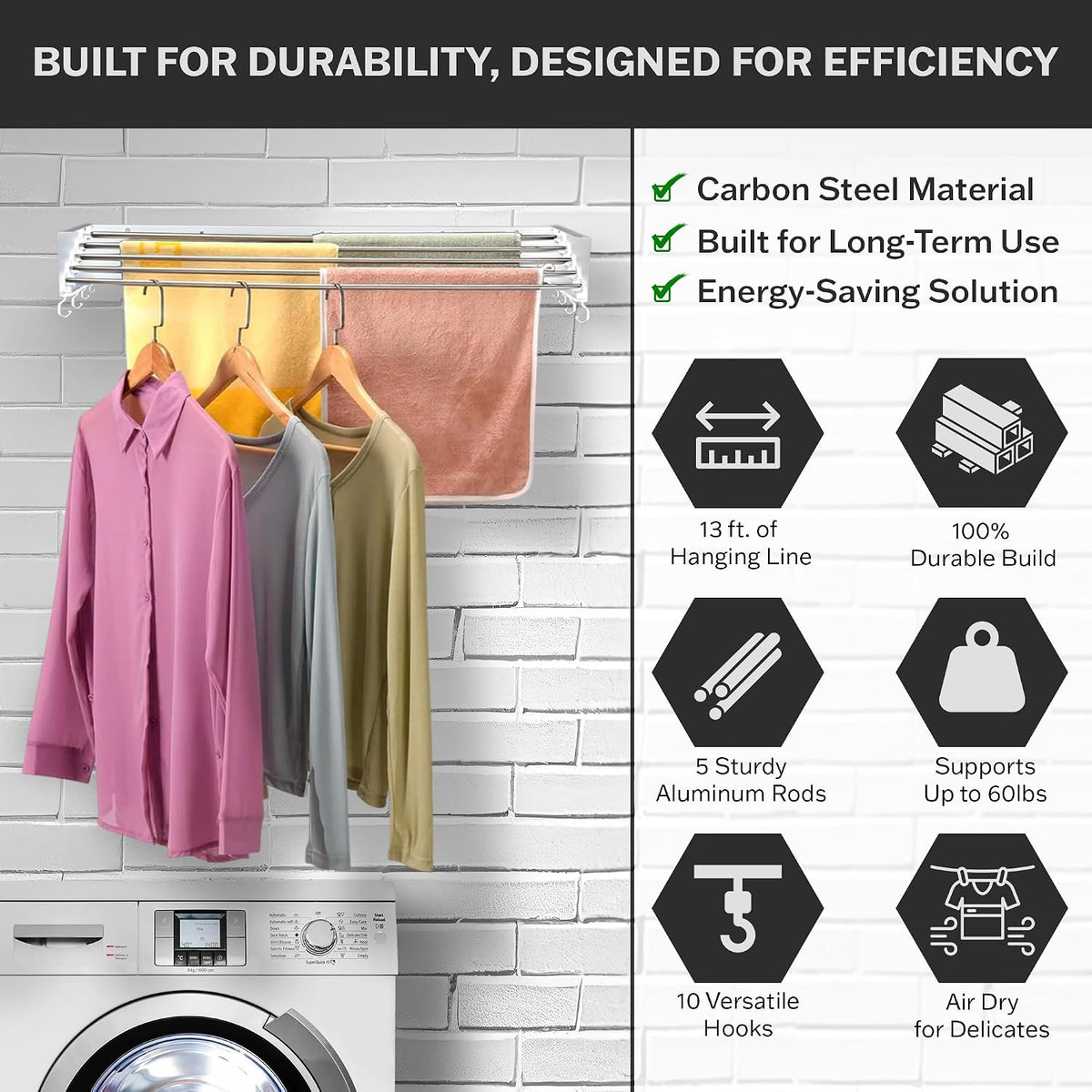 Foldable Wall Mounted Drying Rack - 31.5” Wide, 13.2 Ft Drying Space, 5 Aluminum Rods, Supports Up to 60 lbs - Retractable & Foldable Space-Saving Wall Mounted Clothes Drying Rack (White)