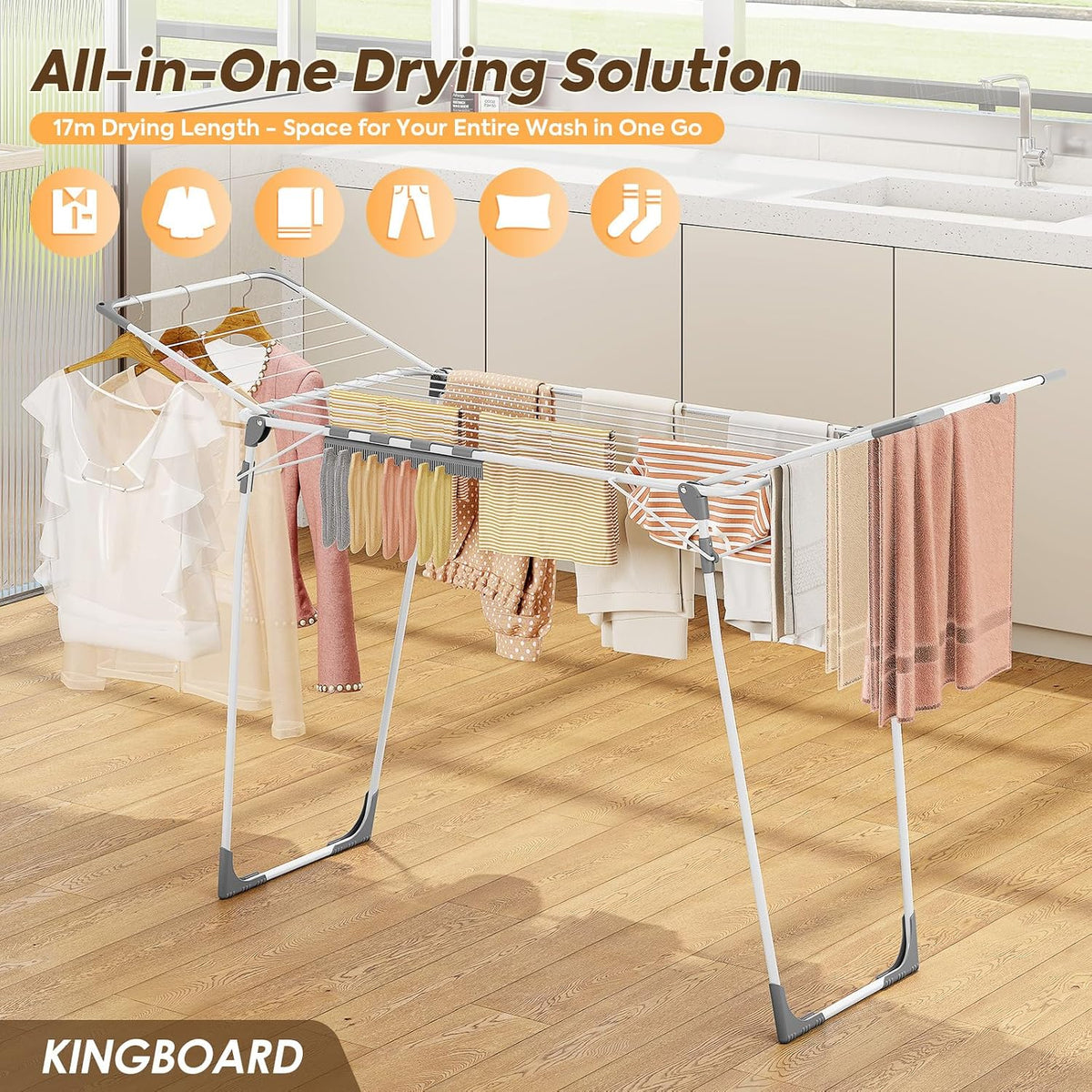 KINGBOARD Clothes Drying Rack,68.5" Heavy Duty with Sock Clips,Foldable