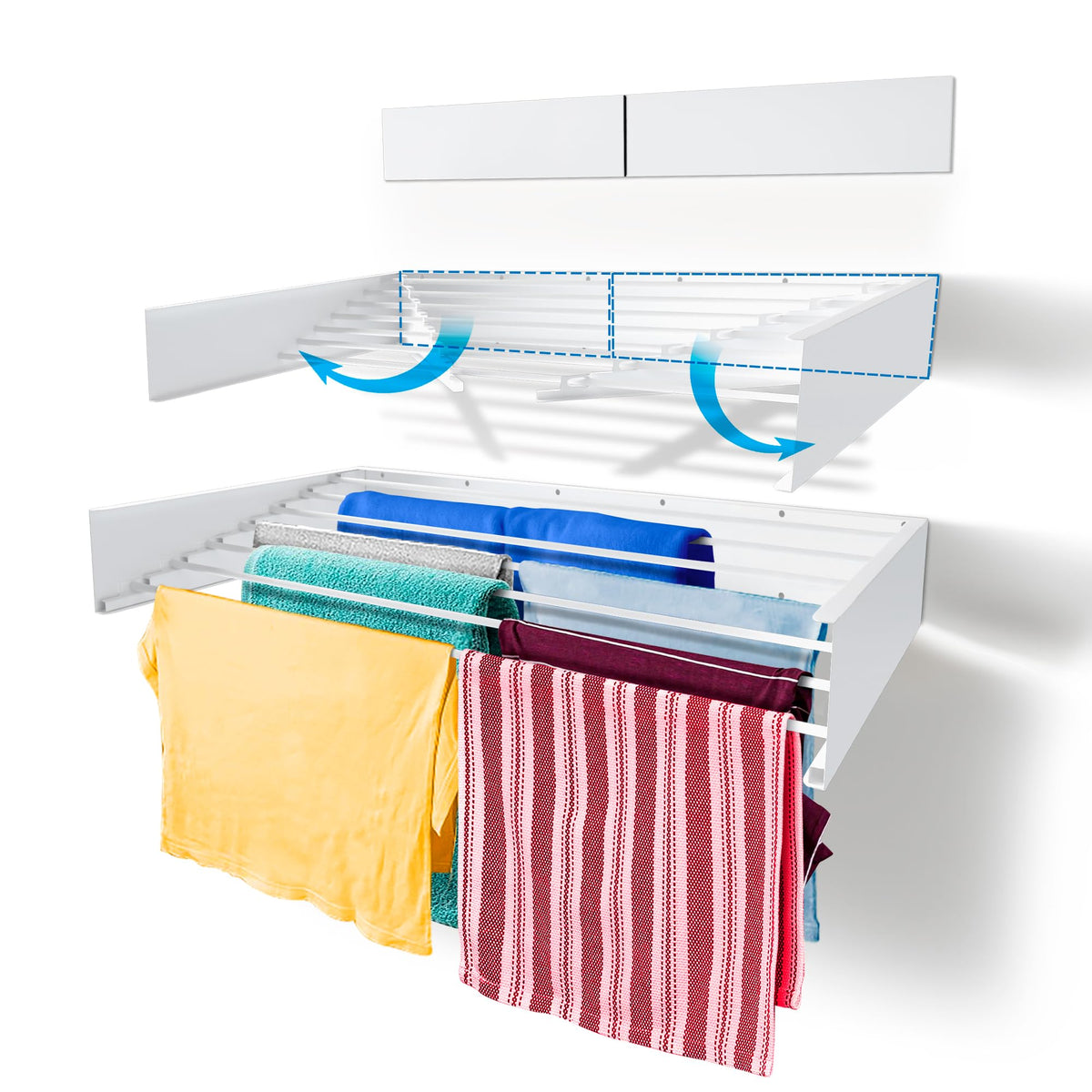 Step Up Laundry Drying Rack (28-INCH White), Wall Mounted, Retractable Clothes Drying Rack, 40lbs Capacity, 11.6 Linear Ft, with Wall Template and Long Screwdriver Bit