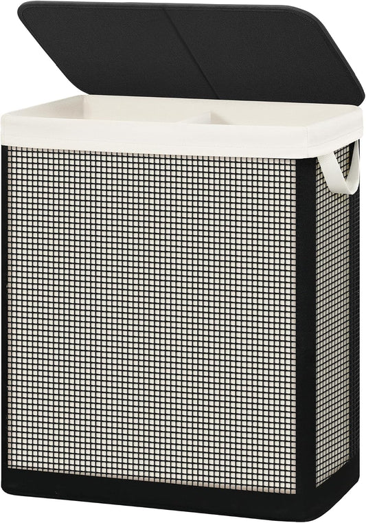 STO STO 2 Section Laundry Hamper with Lid, 140L Steel-Frame Double Laundry Hamper with Removable Washable Liner, Breathable Large Laundry Basket for Bedroom, Bathroom, Laundry Room, Dorm, Closet