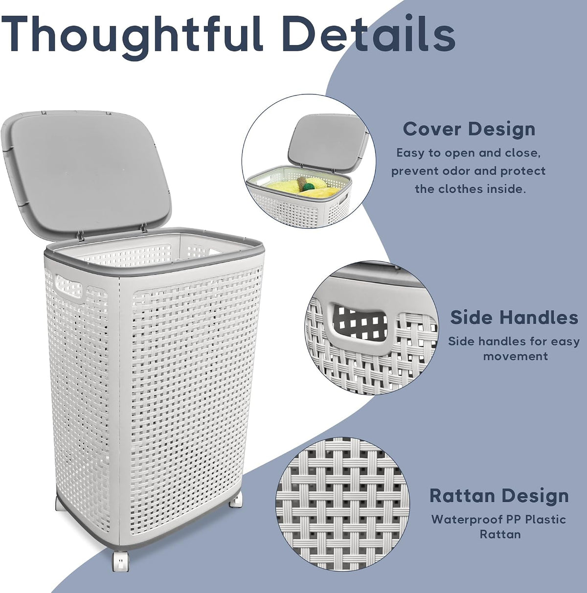Sufdari 90L Laundry Basket with Wheels, Rolling Laundry Hamper with Lid and Handles, Plastic Rattan Clothes Organizer, Dirty Clothes Basket for Laundry Room, Bedroom, Dormitory Storage