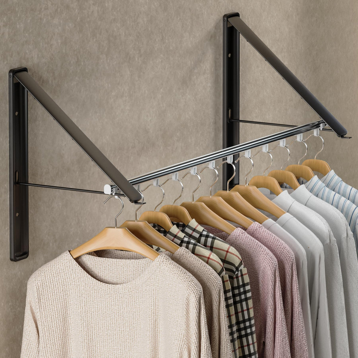 Dr.DJ Clothes Drying Rack Wall Mounted, Retractable & Foldable Clothes Hanger for Laundry Room Organization and Storage, Clothes Hanger Rack for Dorm, Closet, Balcony, Laundry Room(1P, Metal, Black)