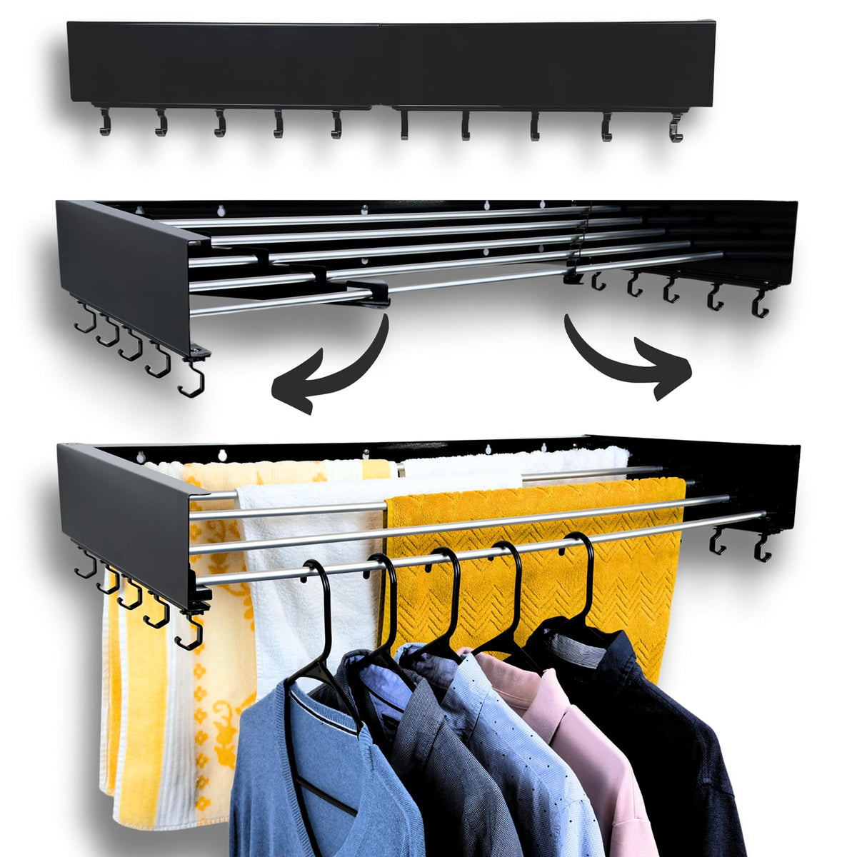 Foldable Wall Mounted Drying Rack - 31.5” Wide, 13.2 Ft Drying Space, 5 Aluminum Rods, Supports Up to 60 lbs - Retractable & Foldable Space-Saving Wall Mounted Clothes Drying Rack (White)