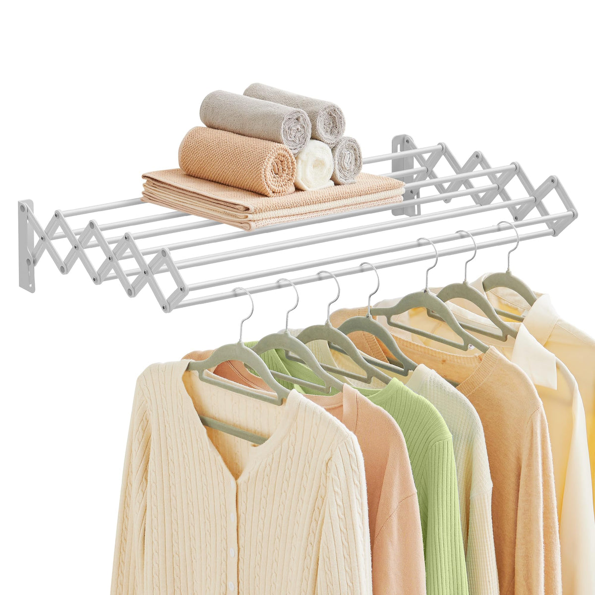 SONGMICS Clothes Drying Rack, Wall-Mounted, 9 Staggered Hanging Rods