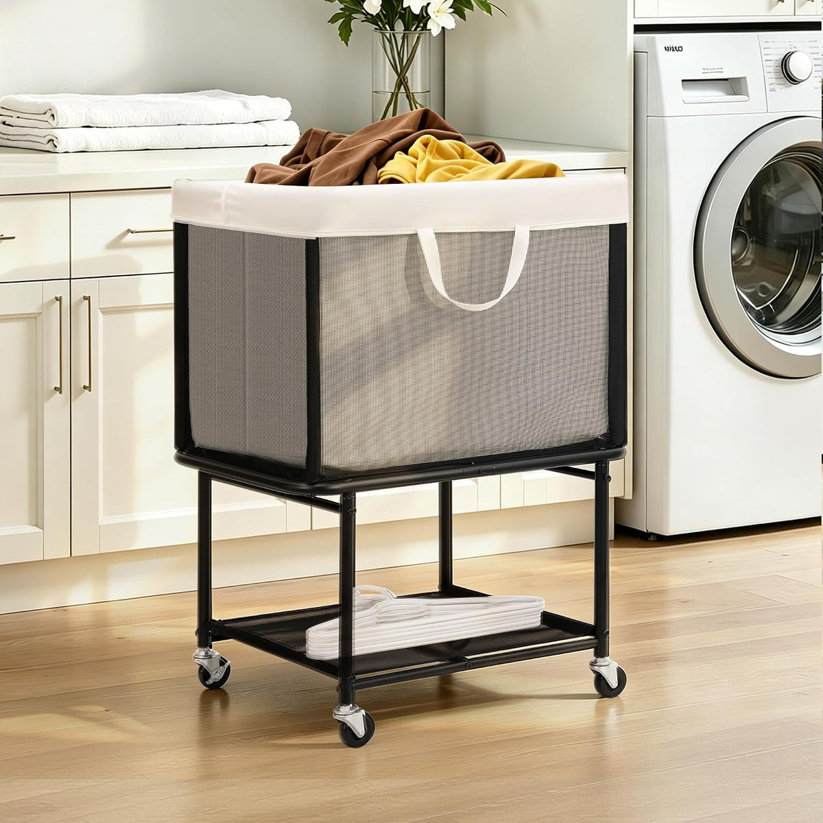 STO STO Rolling Laundry Hamper with Lockable Wheels, 29-Gallon (110L) Laundry Cart with Removable Canvas Bag, 2-Tier Clothes Basket Hamper with Shelf for Closet, Bedroom, Bathroom, Laundry Room, Beige