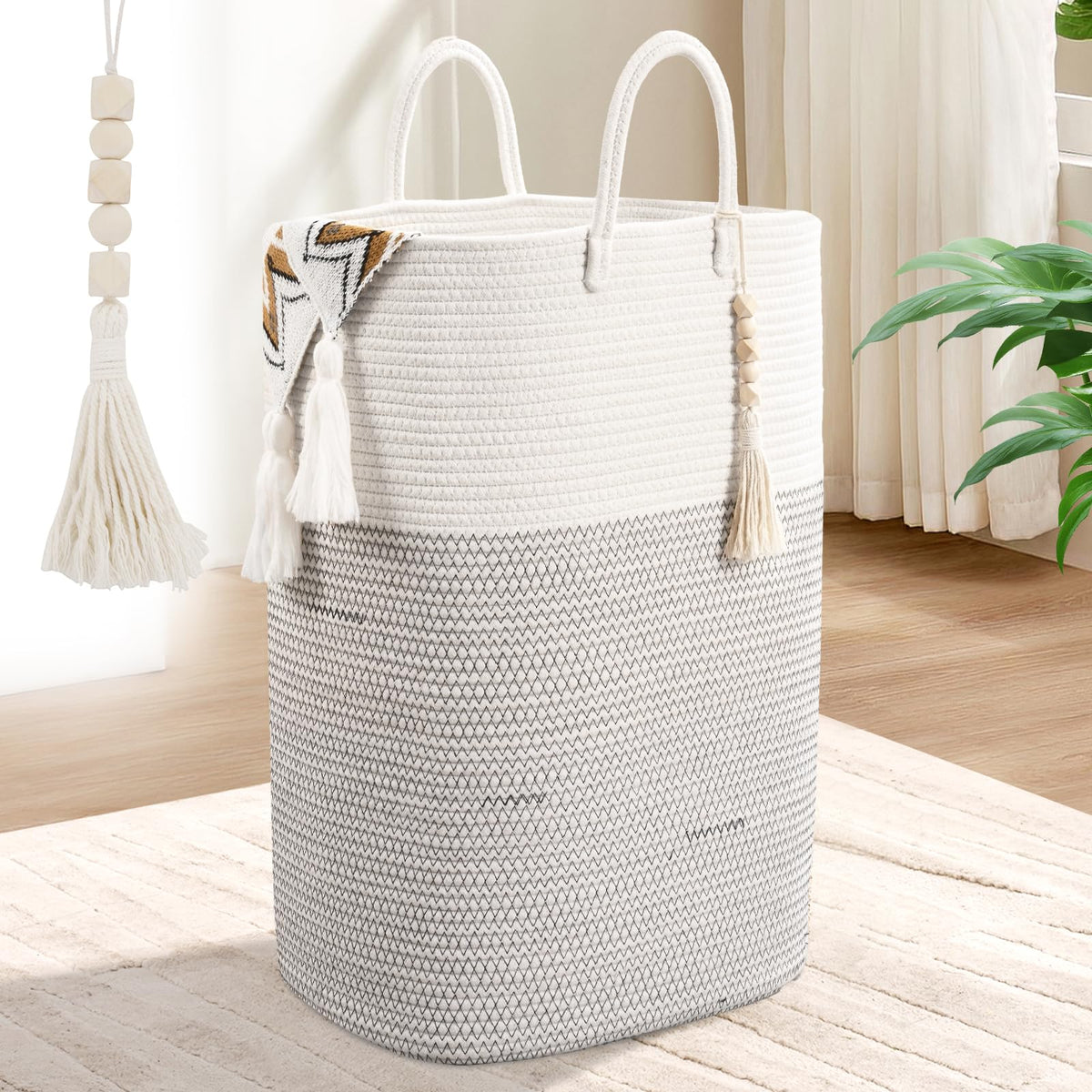 65L Woven Laundry Basket for Clothes, Large Rectangle Laundry Hampers with Beads Tassel, Nursery Storage Basket for Toys, Tall Dirty Clothes Hamper for Bedroom Aesthetic, Laundry Room Organization