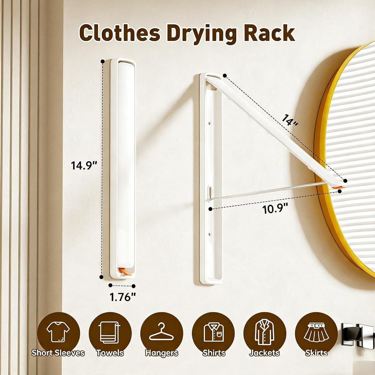 Clothes Drying Rack, Laundry Room Wall Mounted Retractable Clothes Hanger Drying Rack, Laundry Clothing Drying Rack Folding Indoor or Outdoor, Easy Installation Aluminium Dryer, 1pcs(White)
