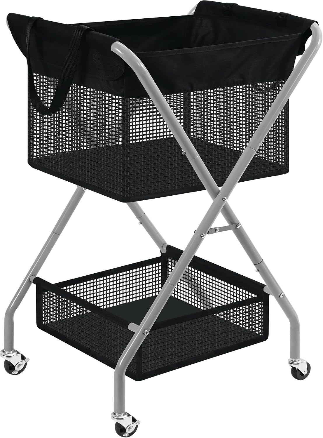 STO STO 2-Tier Foldable Laundry Cart with Wheels, 75L Tall Rolling Laundry Hamper, Collapsible Laundry Basket with Removable Bag, Rust-Resistant Steel Frame for Laundry Room, Bathroom, Dorm, Black