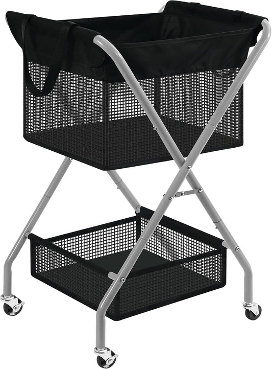 STO STO 2-Tier Foldable Laundry Cart with Wheels, 75L Tall Rolling Laundry Hamper, Collapsible Laundry Basket with Removable Bag, Rust-Resistant Steel Frame for Laundry Room, Bathroom, Dorm, Black