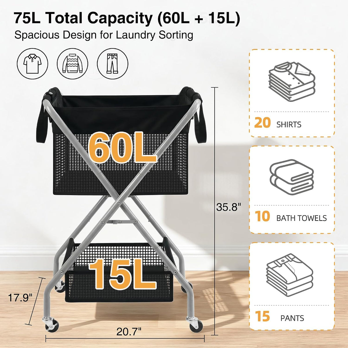 STO STO 2-Tier Foldable Laundry Cart with Wheels, 75L Tall Rolling Laundry Hamper, Collapsible Laundry Basket with Removable Bag, Rust-Resistant Steel Frame for Laundry Room, Bathroom, Dorm, Black