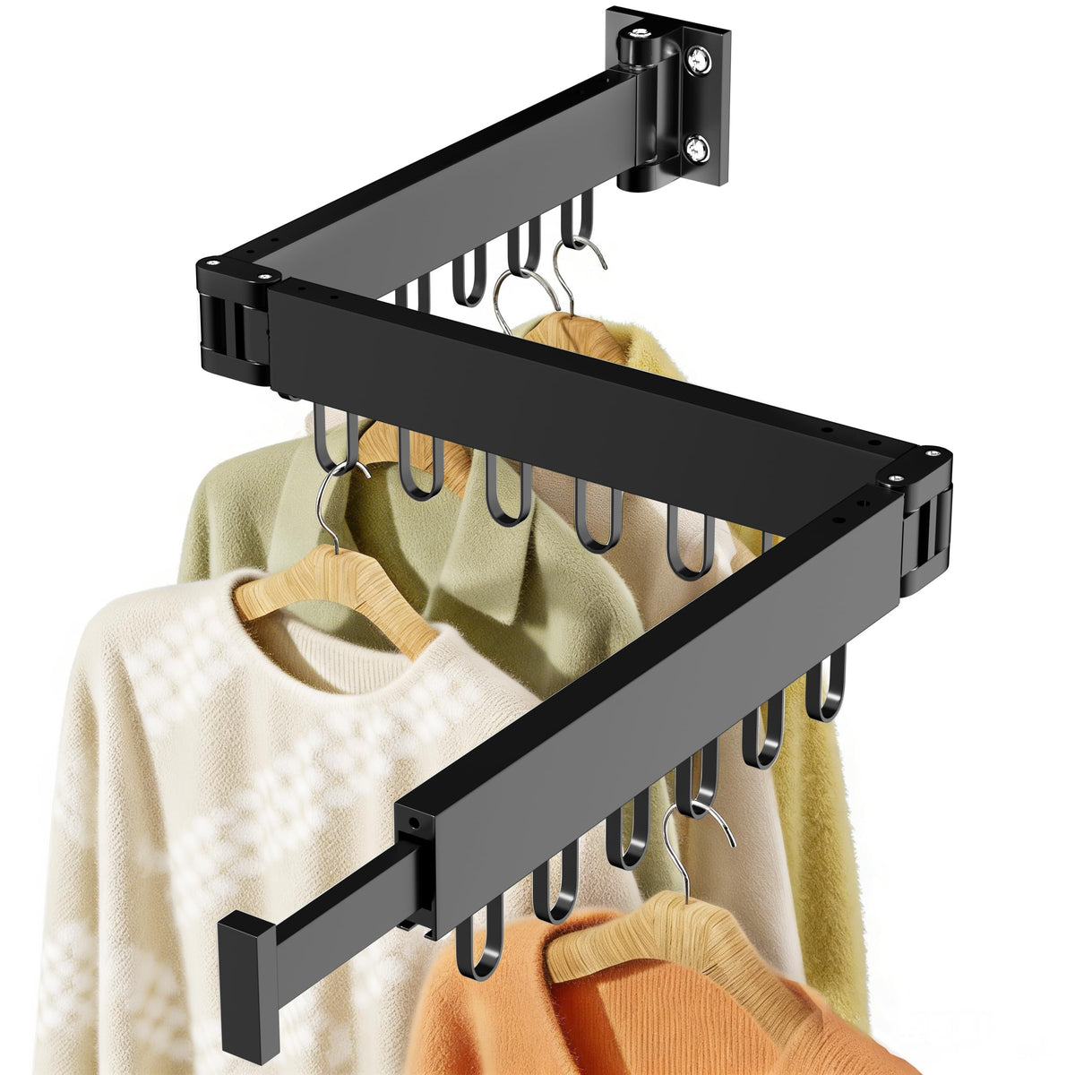 JAUREE Clothes Drying Rack Wall Mounted, Space-Saving Drying Rack Clothing, Collapsible Foldable Retractable Laundry Rack with 18 Hooks, Indoor/Outdoor, White