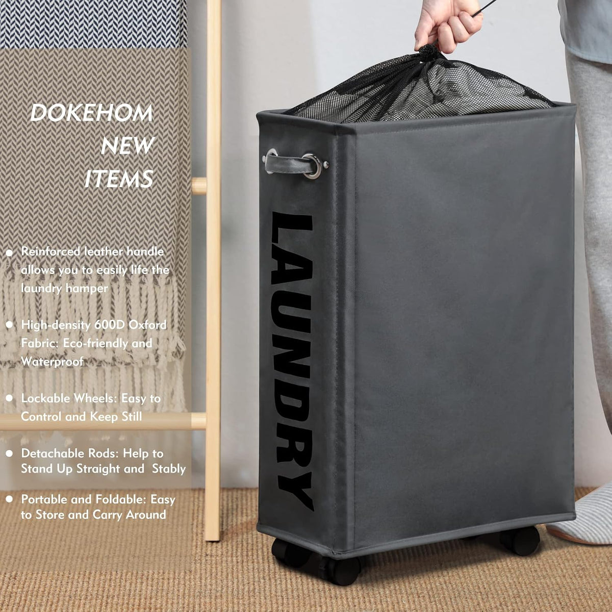 DOKEHOM 52L Slim Rolling Laundry Basket Hamper, Narrow on Wheels, Grey