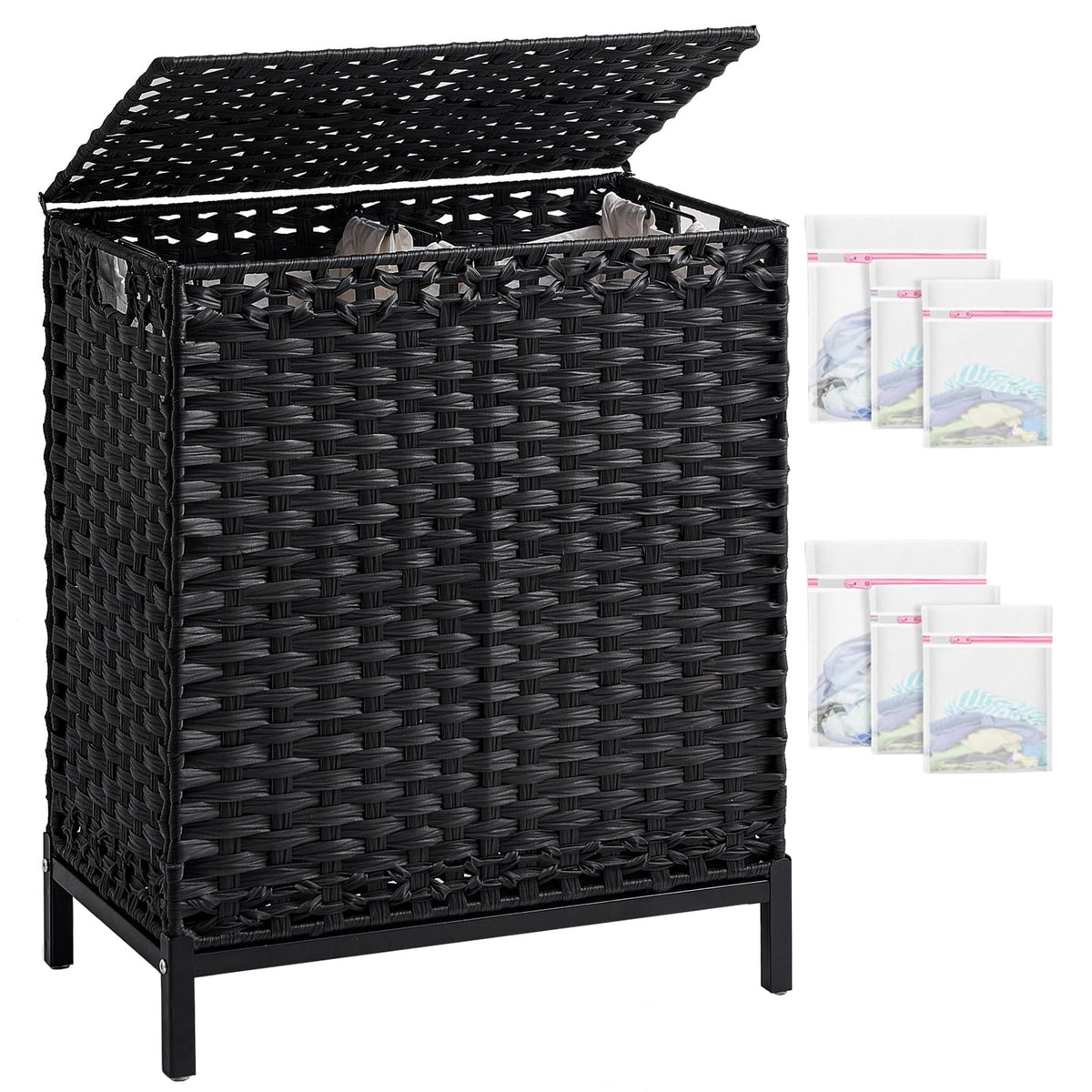SETVSON Laundry Hamper with Lid, 112 L Handwoven Rattan Wicker Laundry Basket, 2 Removable Liner Bags Metal Heightened Feet, 6 Mesh Bags, 2 Section Large Clothes Hamper for Bathroom Bedroom, Natural