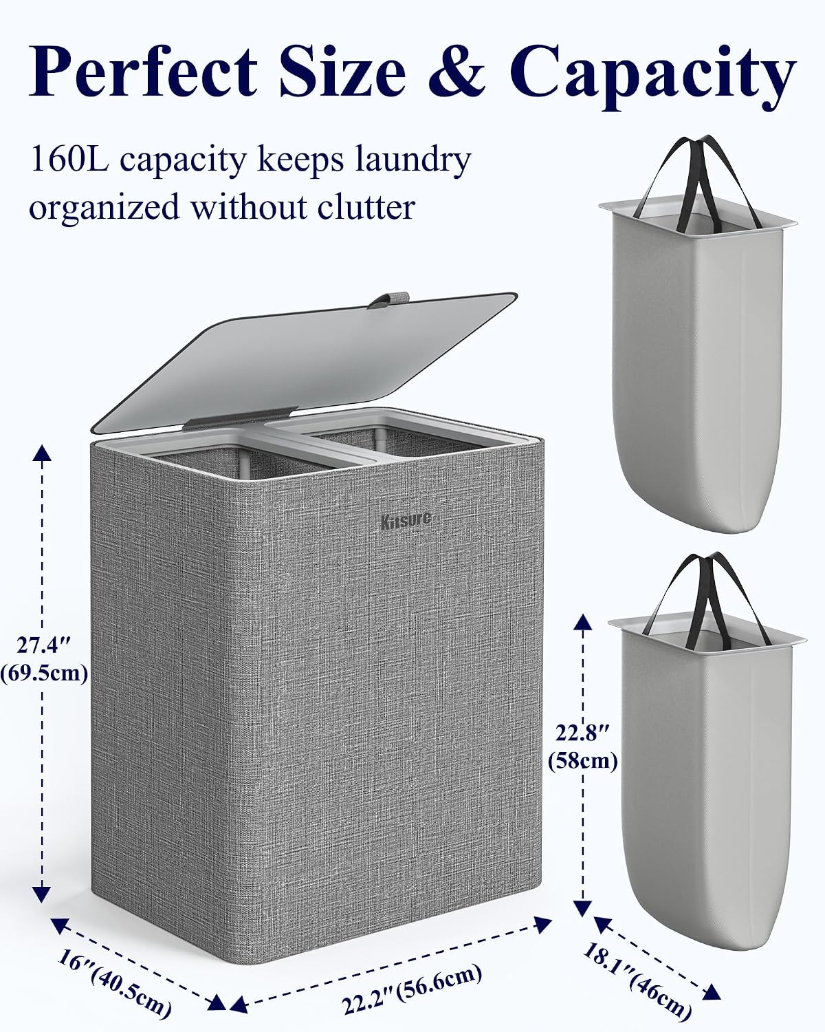 Kitsure Laundry Hamper with Lid 160L, 2-Compartment Sorter, Removable Bags