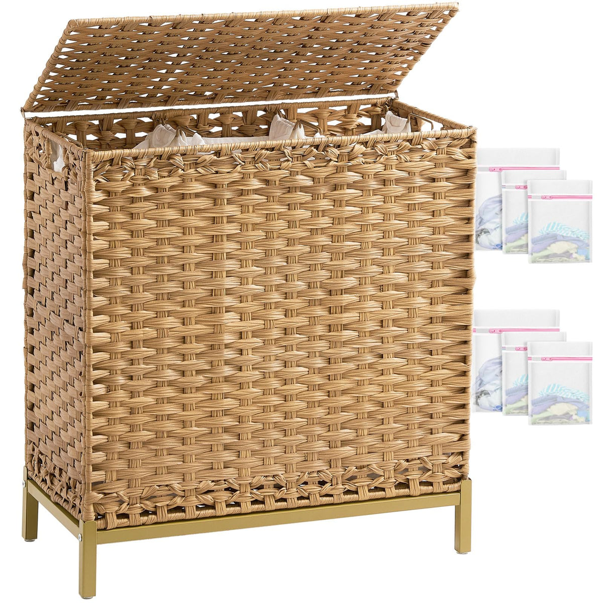 SETVSON Laundry Hamper with Lid, 112 L Handwoven Rattan Wicker Laundry Basket, 2 Removable Liner Bags Metal Heightened Feet, 6 Mesh Bags, 2 Section Large Clothes Hamper for Bathroom Bedroom, Natural